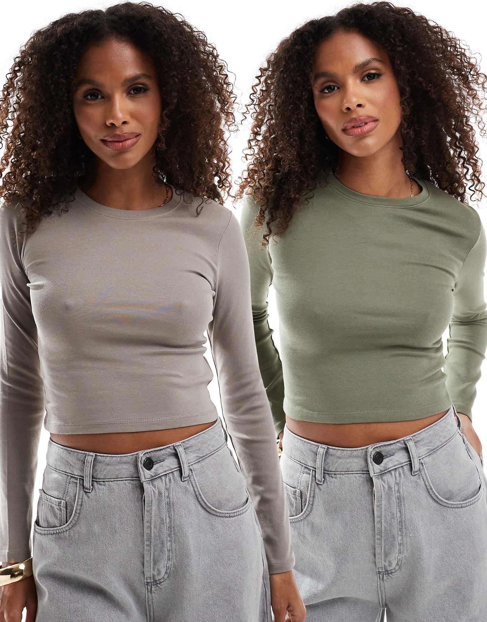 Футболка с длинными рукавами Pull-Bear 2 pack коричневого и хаки цвета 6590₽