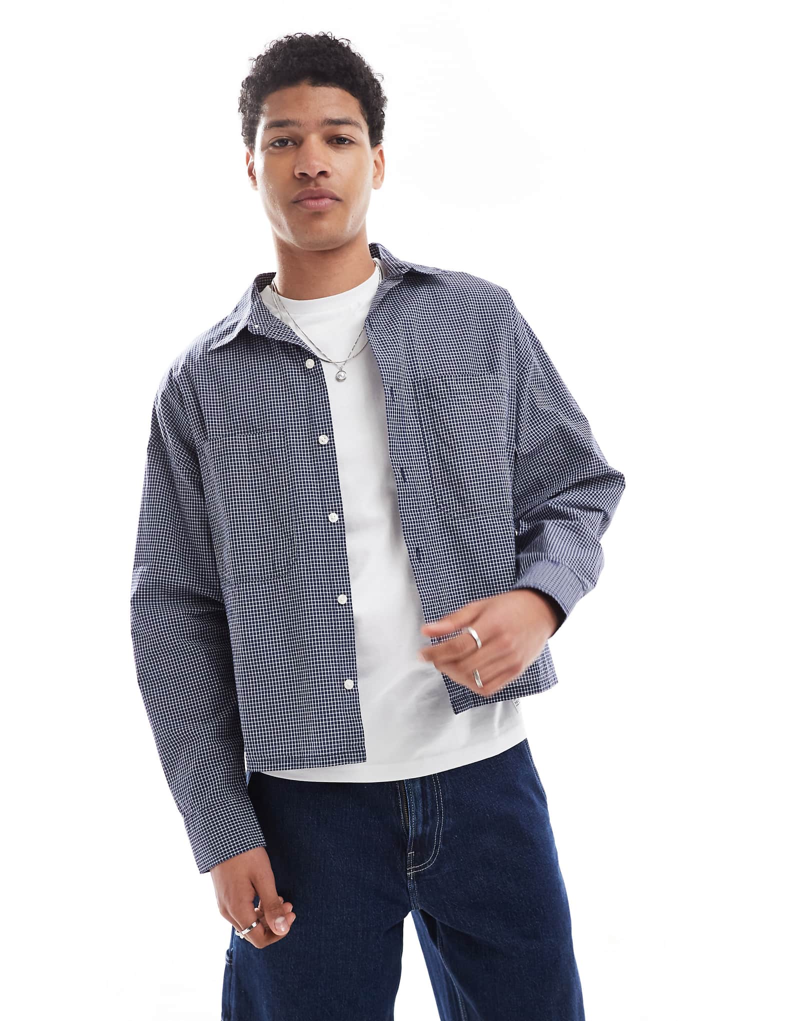 Клетчатая рубашка с длинным рукавом Pull-Bear синего цвета 5690₽