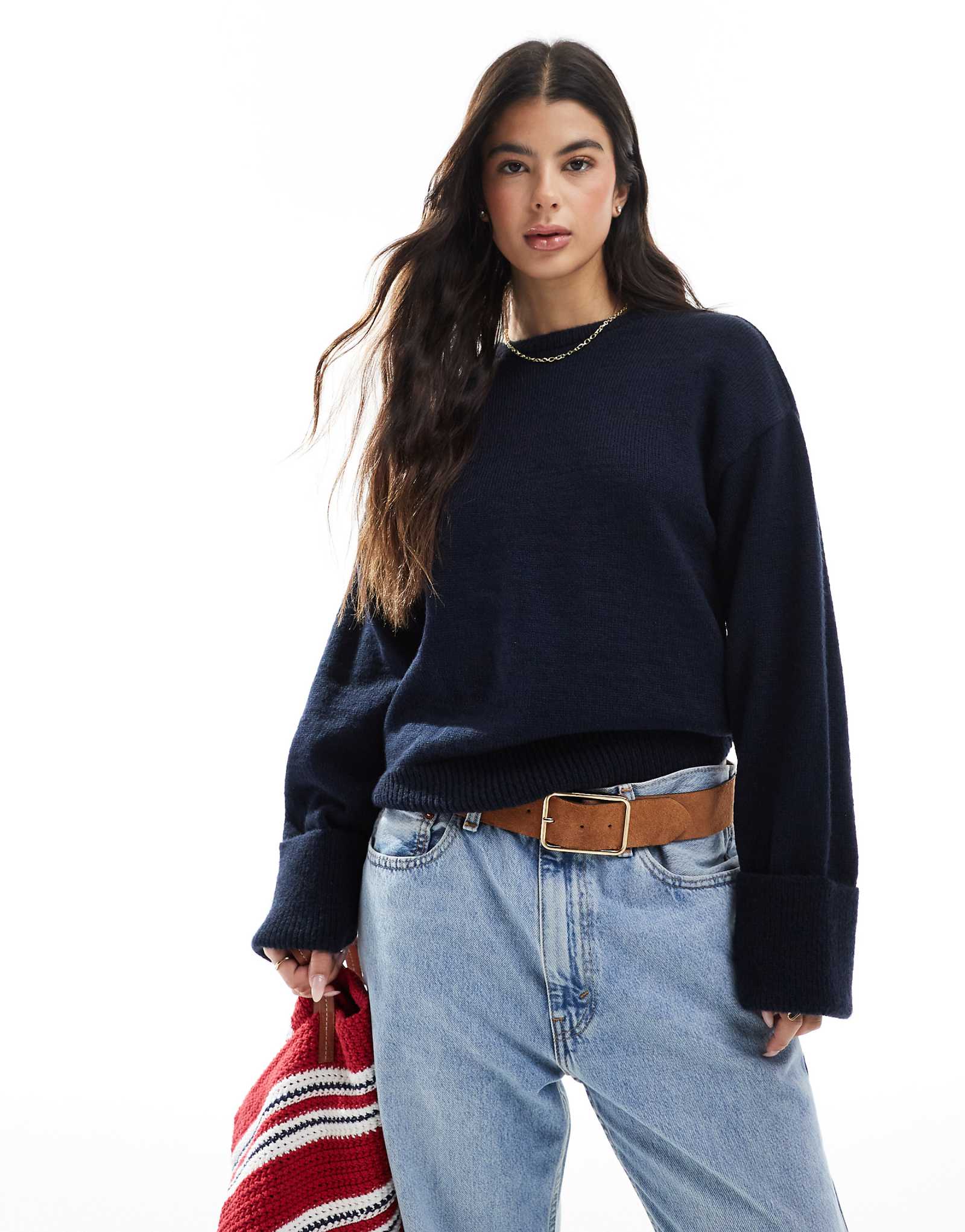 Темно-синий вязаный свитер с круглым вырезом Miss Selfridge