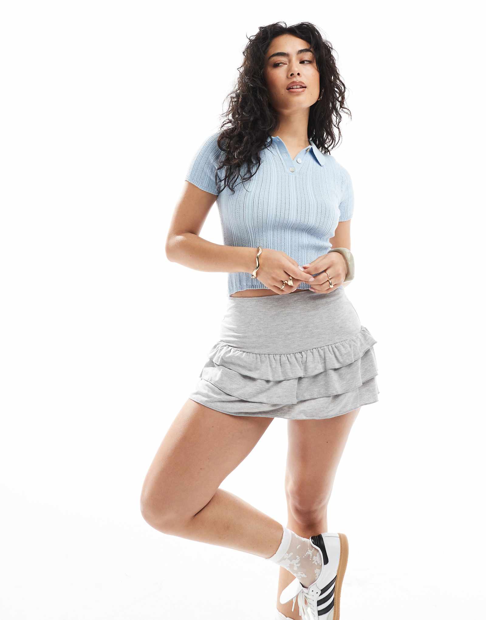 Мини-юбка Miss Selfridge из джерси с оборками цвета серого вереска 4890₽