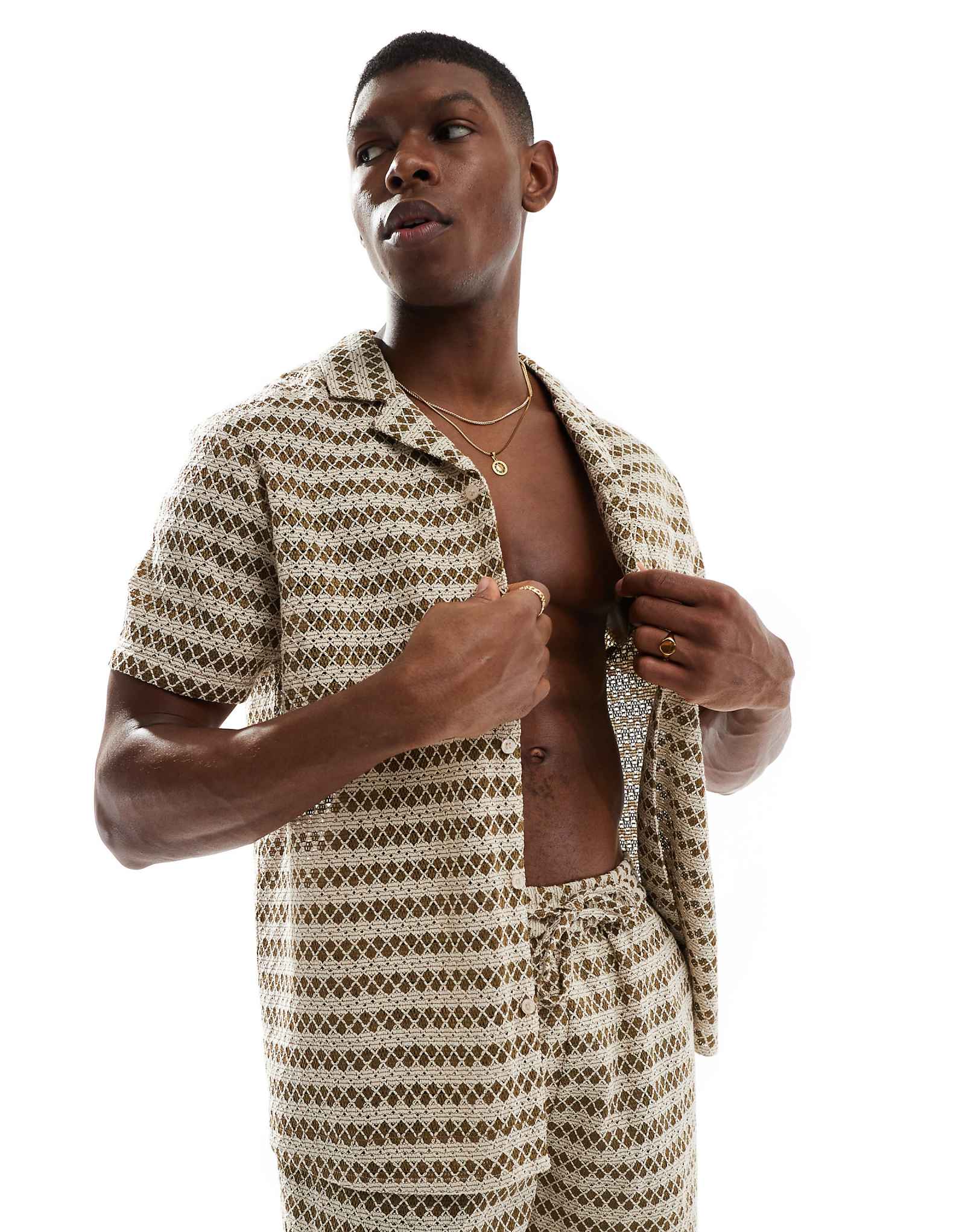 Пляжная рубашка с коротким рукавом вязаная крючком Aray оливково-зеленого цвета 9190₽