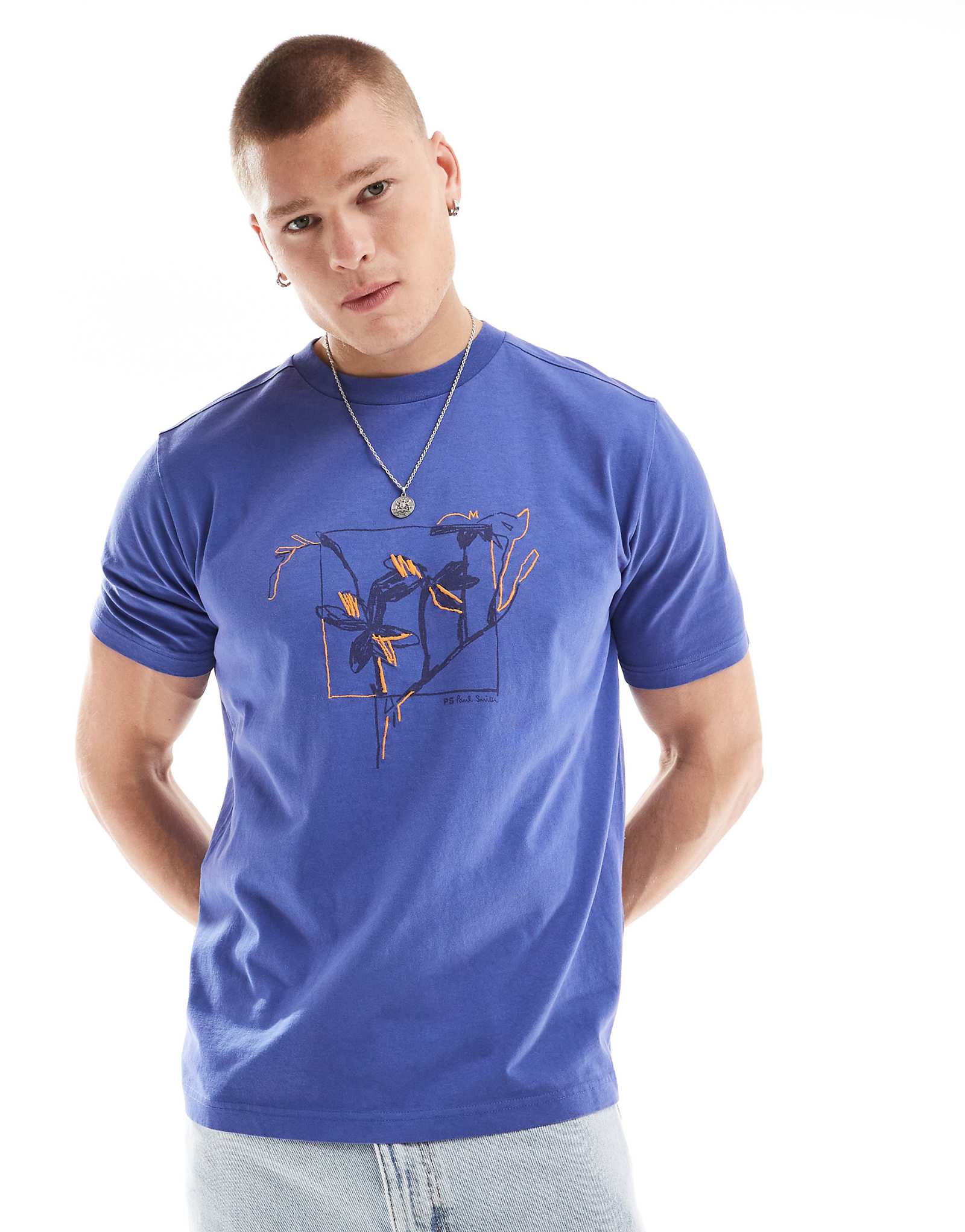 Футболка PS Paul Smith синего цвета с цветочным принтом 16290₽