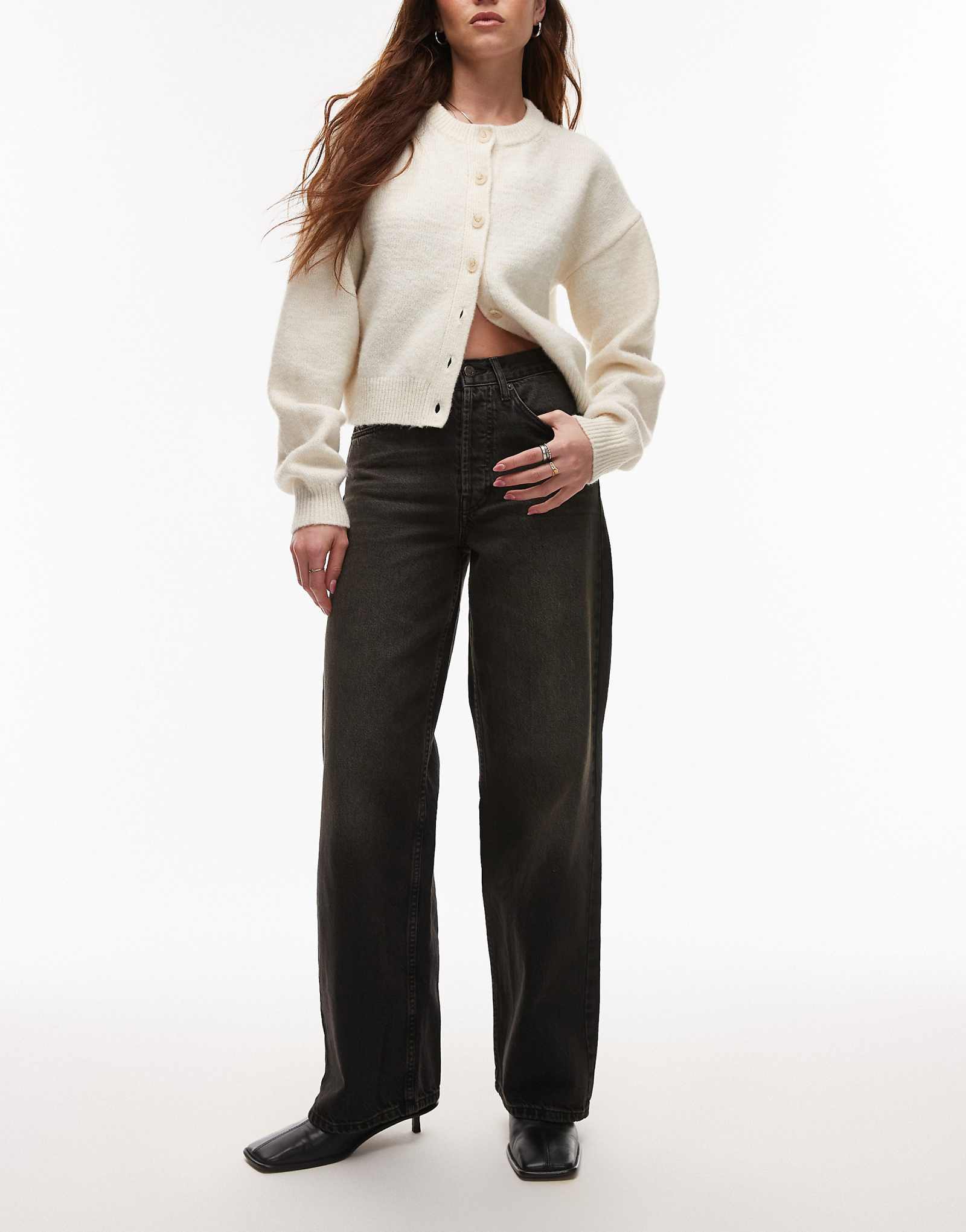 Прямые джинсы свободного кроя Topshop средней посадки винтажного черного цвета застиранные 15690₽