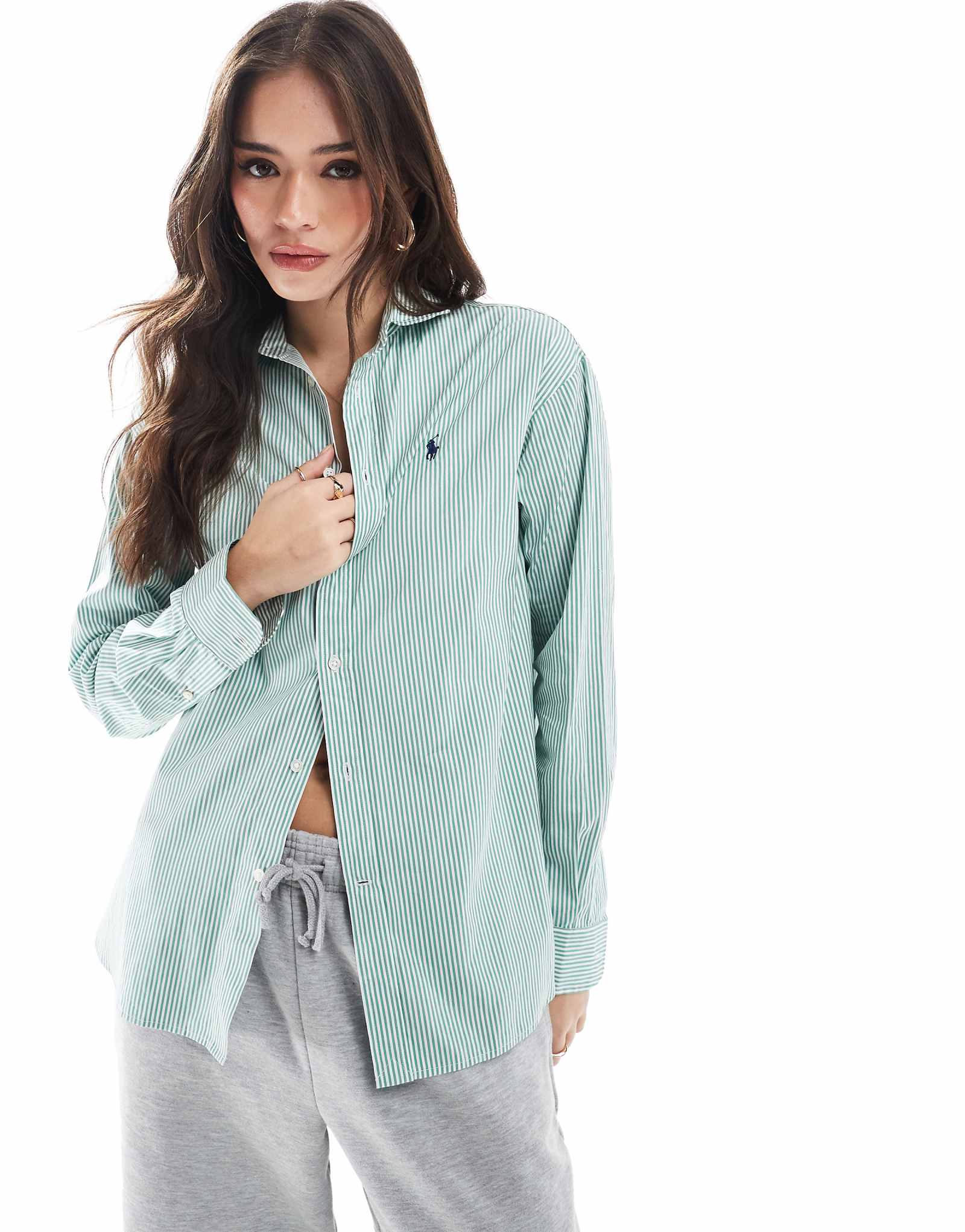 Рубашка зеленого цвета Polo Ralph Lauren с логотипом в белую полоску 25590₽