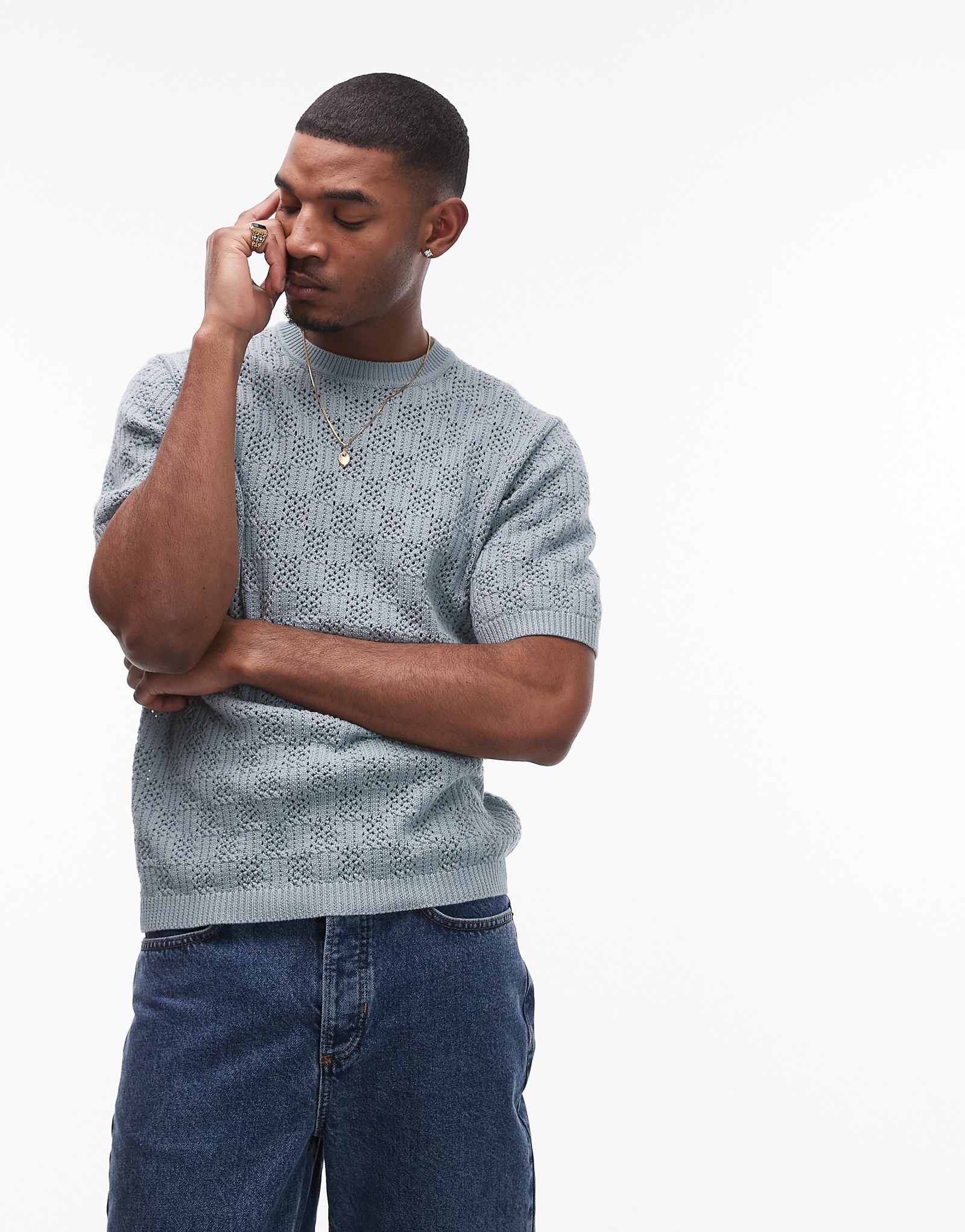 Вязаная футболка Topman в клетку серого цвета, выполненная крючком