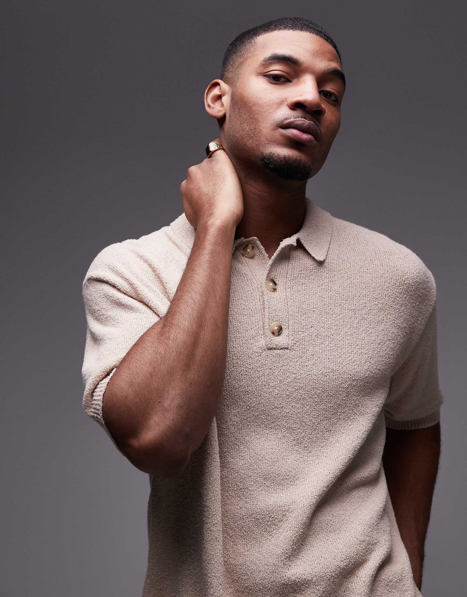 Вязаная рубашка из букле на пуговицах Topman в цвете stone