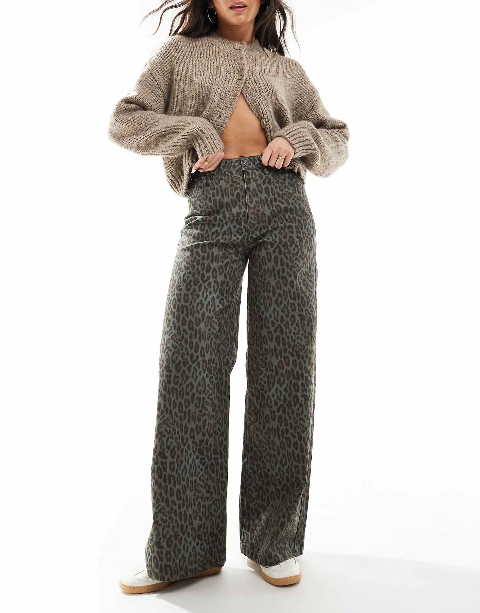 Джинсы Object extreme с широкими штанинами и зеленым леопардовым принтом