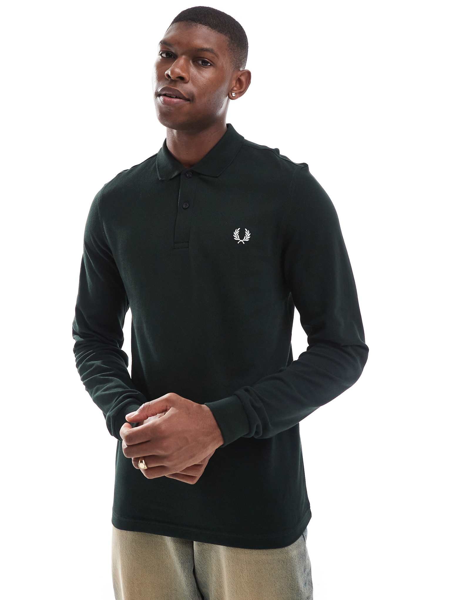 Рубашка поло Fred Perry с длинным рукавом темно-зеленого цвета 19090₽