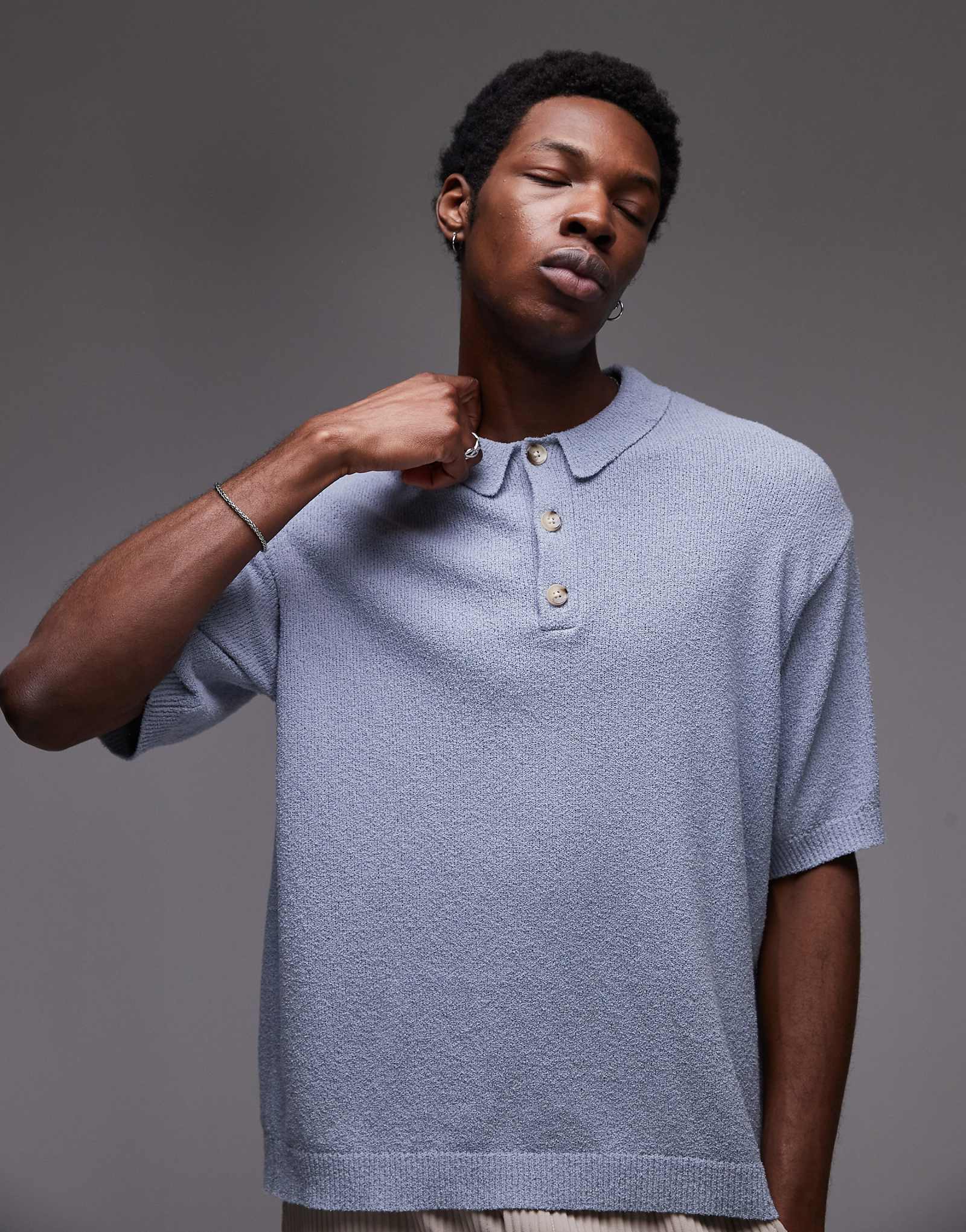 Вязаная рубашка из букле на пуговицах Topman синего цвета