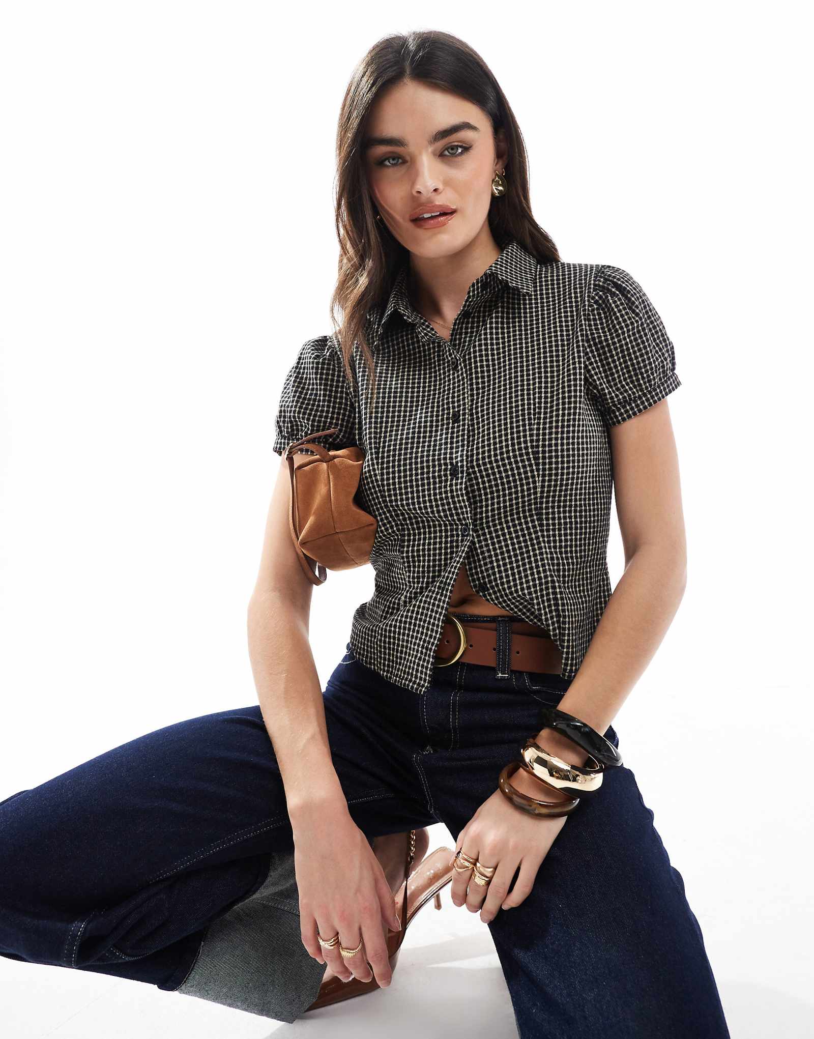 Приталенная рубашка 90-х годов от Daisy Street в мини-кремовую клетку 9090₽