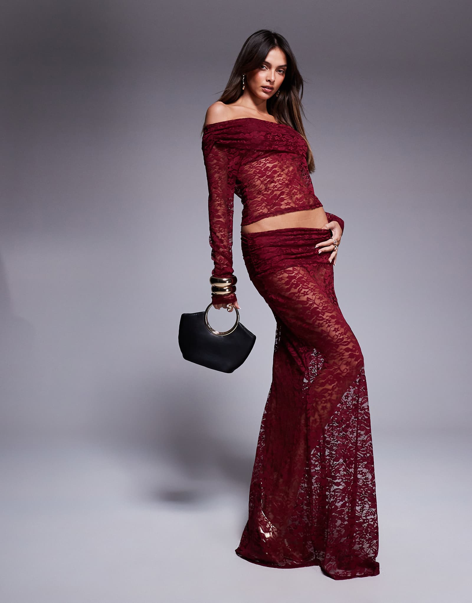 Дизайнерская кружевная макси-юбка ASOS с завышенной талией бордового цвета - часть комплекта 6390₽