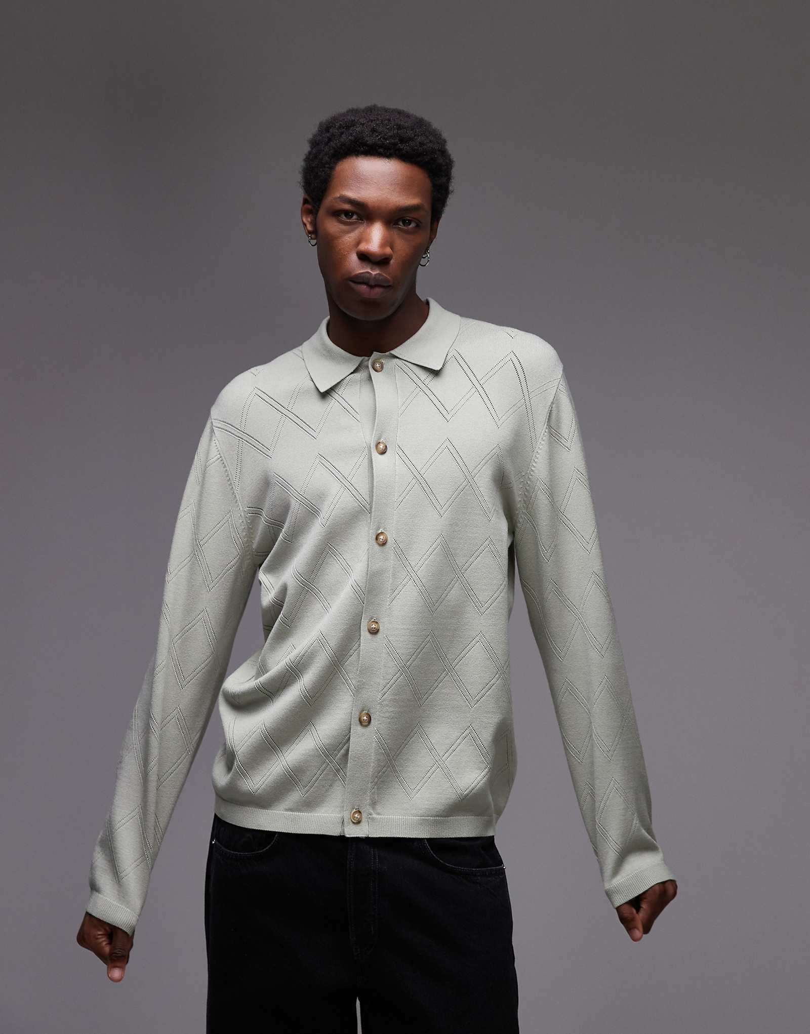 Вязаная рубашка Topman с длинным рукавом и узором вязания крючком черного цвета 4290₽