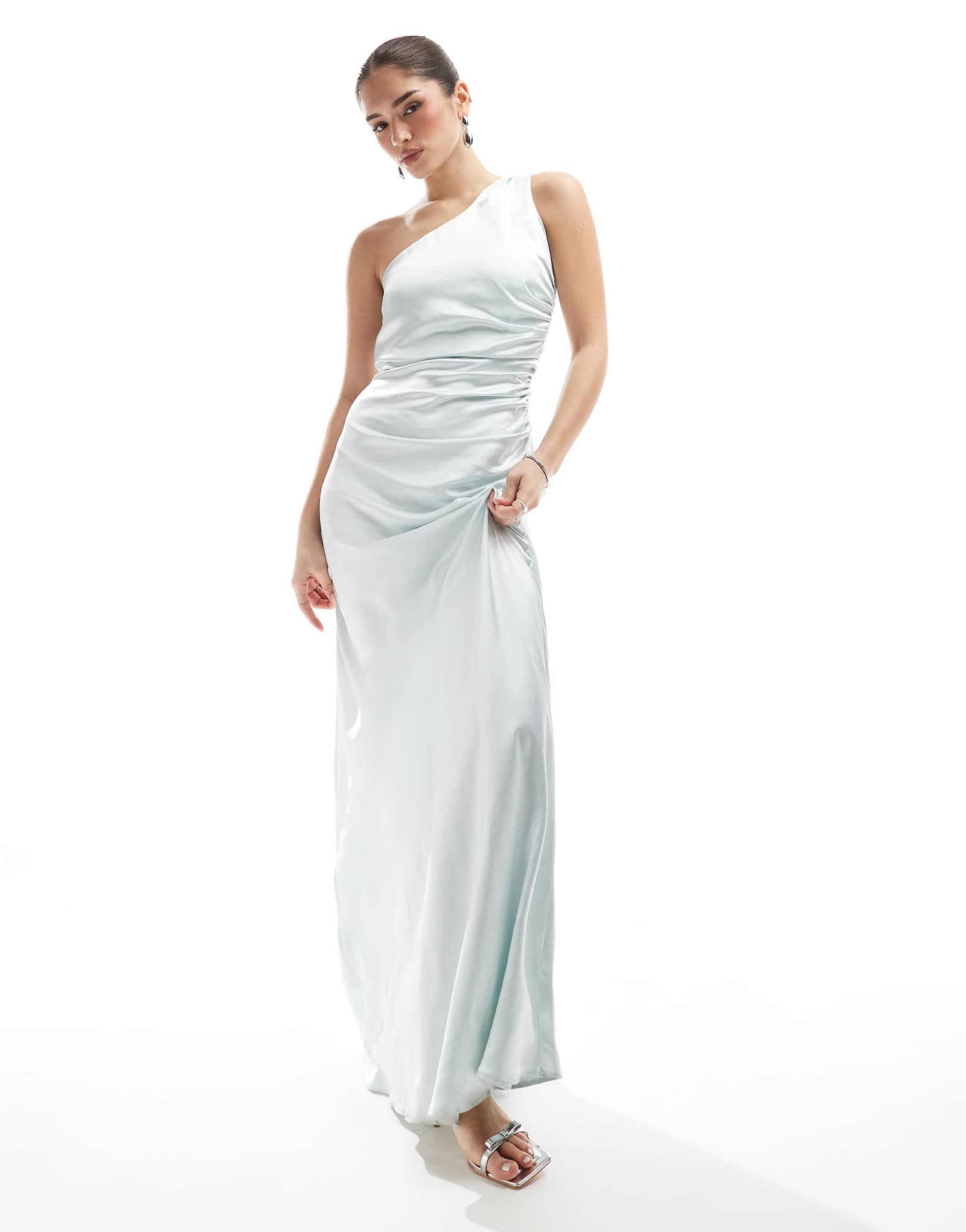 Атласное макси-платье Six Stories Bridesmaid на одно плечо ледяного синего цвета