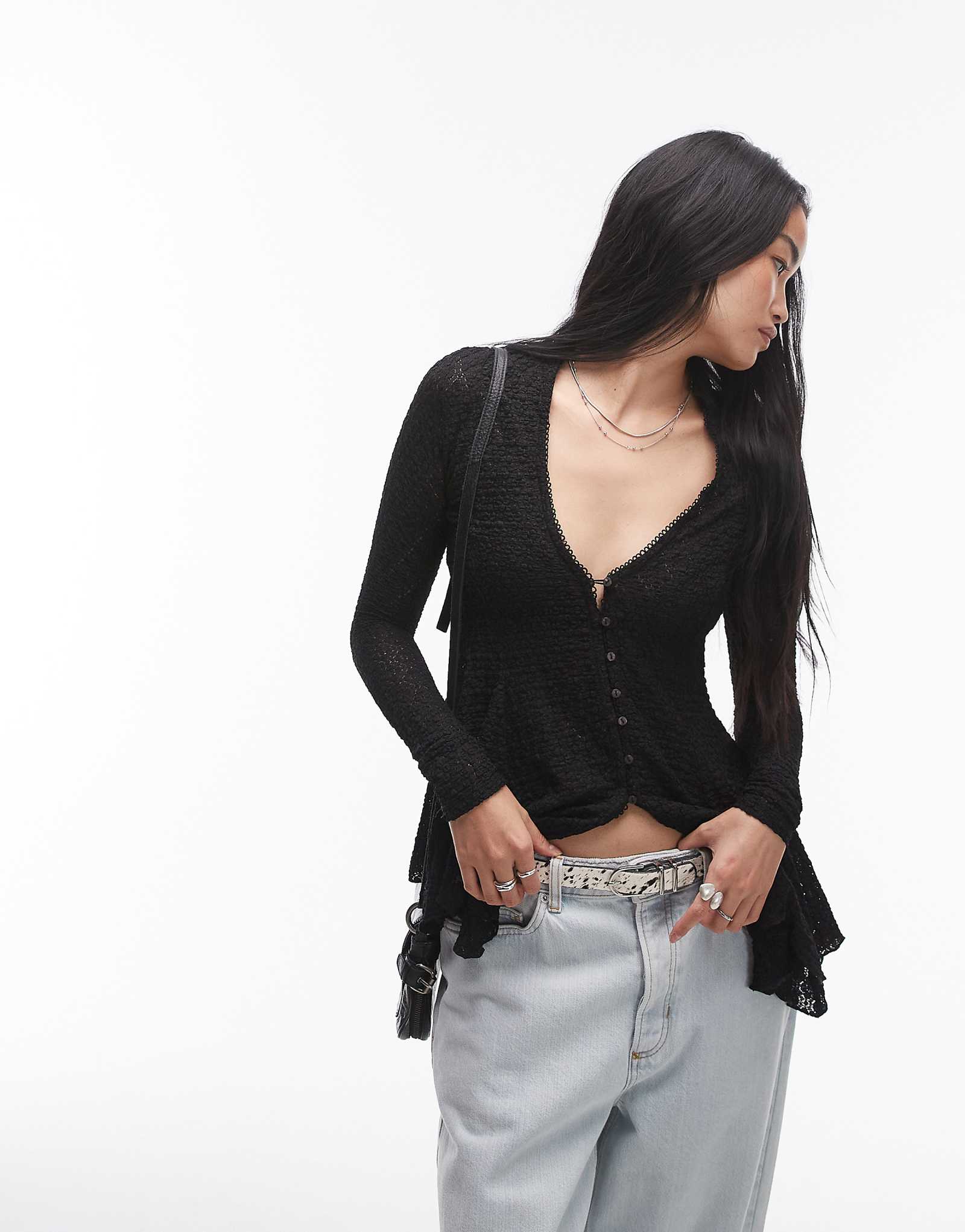 Кружевная блузка-кардиган с длинным рукавом Free People черного цвета 15190₽