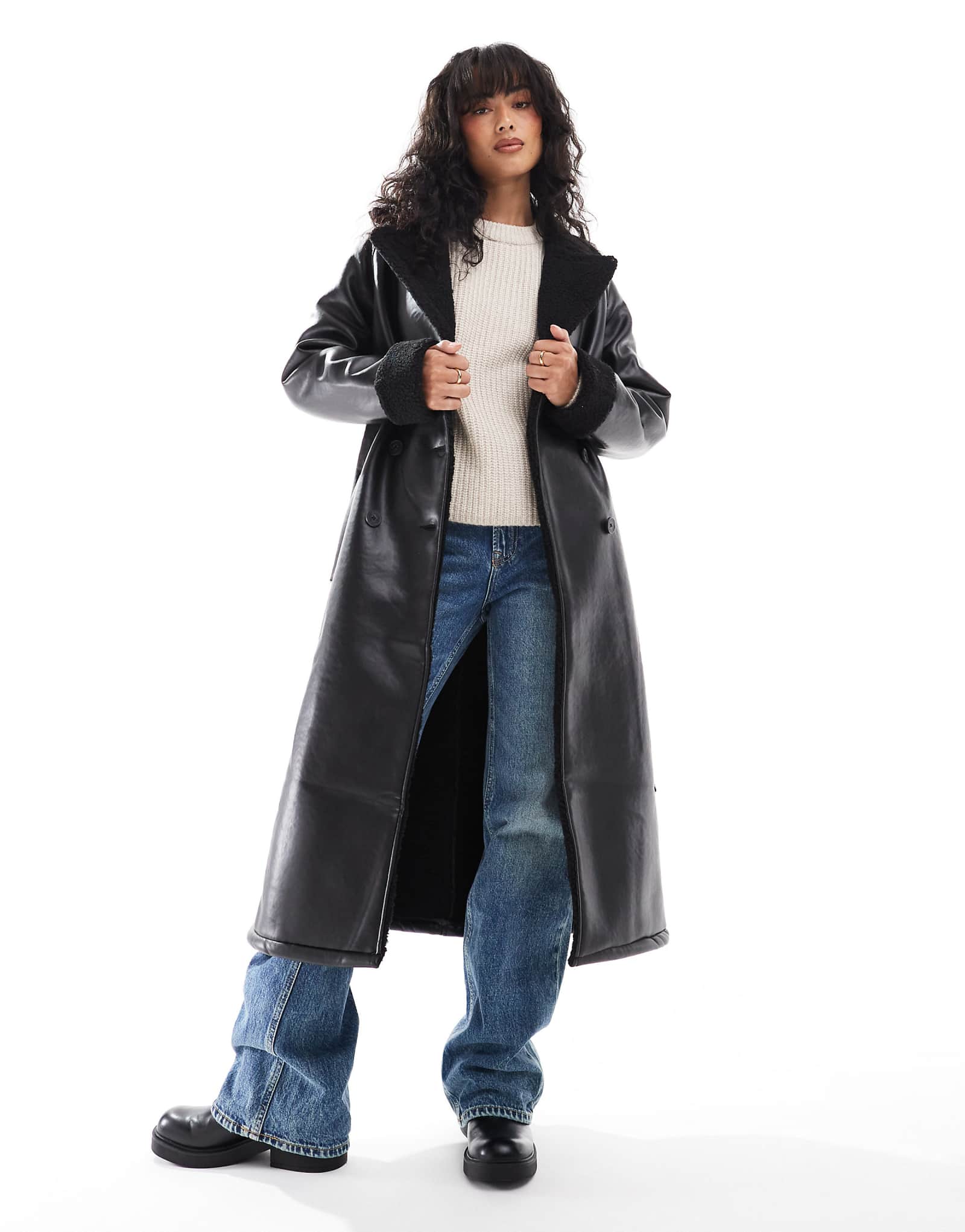 Поношенное удлиненное пальто-авиатор с отделкой borg черного цвета 11990₽