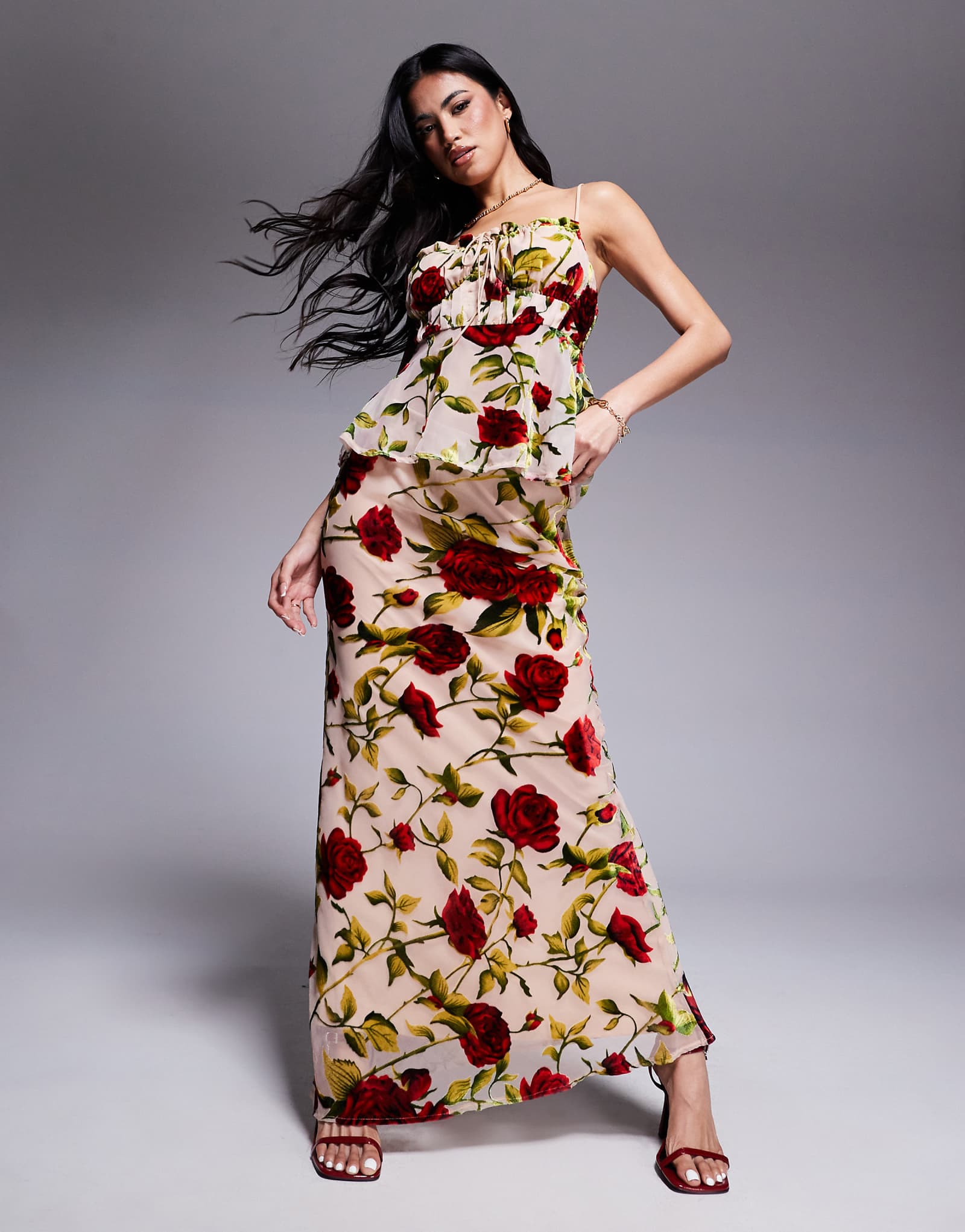 Редкая юбка макси London с принтом бежевых роз - часть комплекта