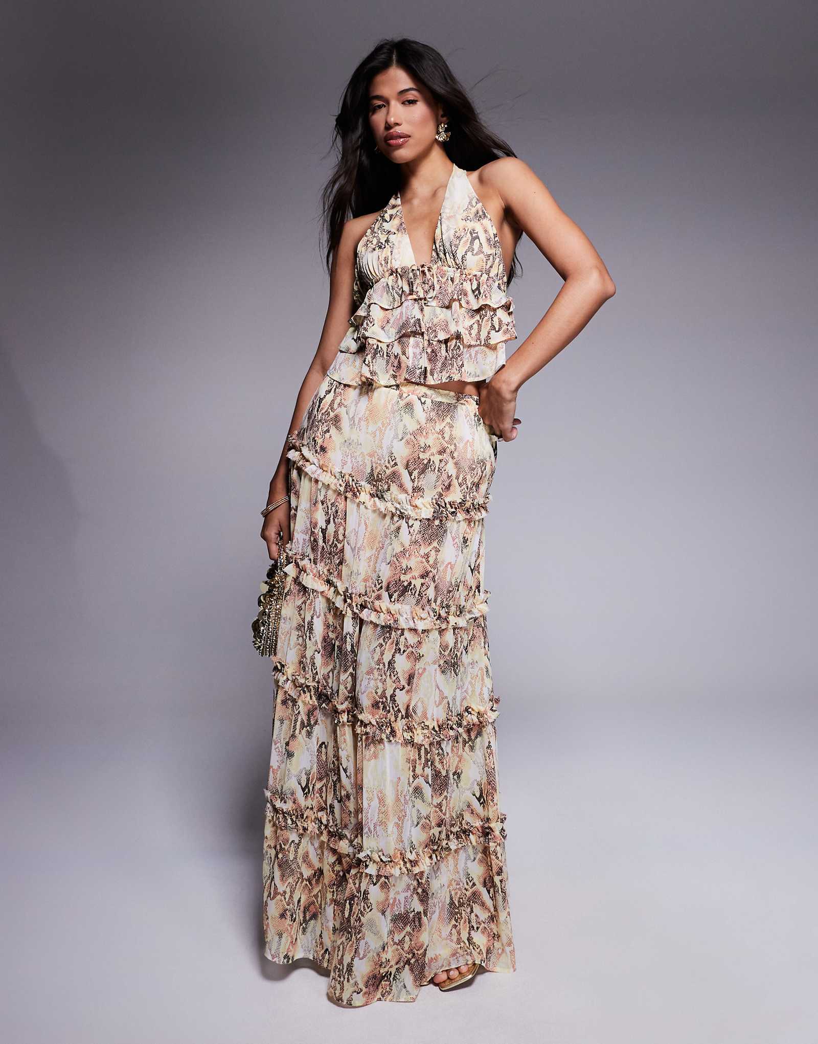 Многоярусная макси-юбка AFRM Sabina со встроенными шортами со змеиным принтом - часть комплекта 9090₽