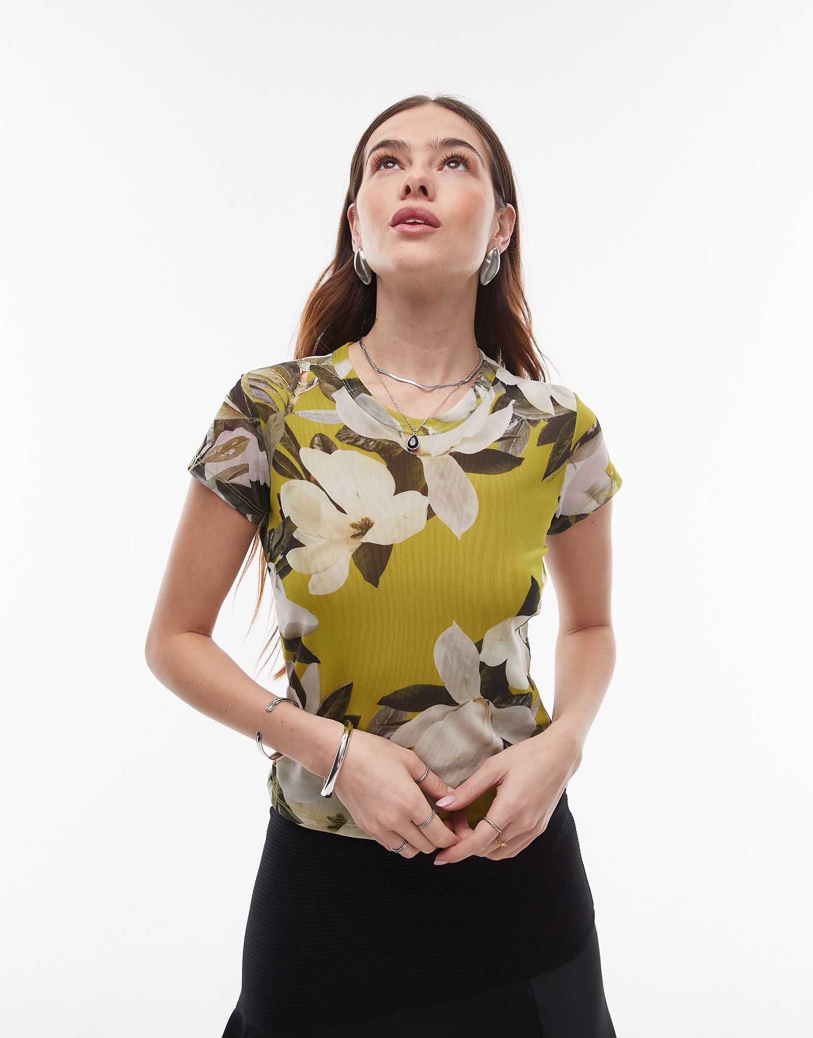 Сетчатая футболка AllSaints Ellie с цветочным принтом в зеленом цвете revive stem 9990₽