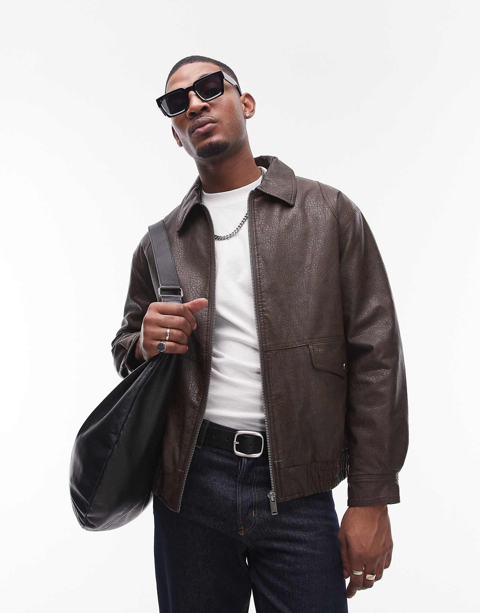 Куртка harrington из искусственной кожи Topman коричневого цвета 15790₽