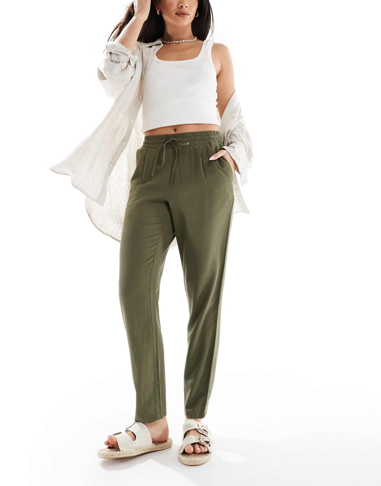 Зауженные брюки Vero Moda из льняной смеси цвета хаки