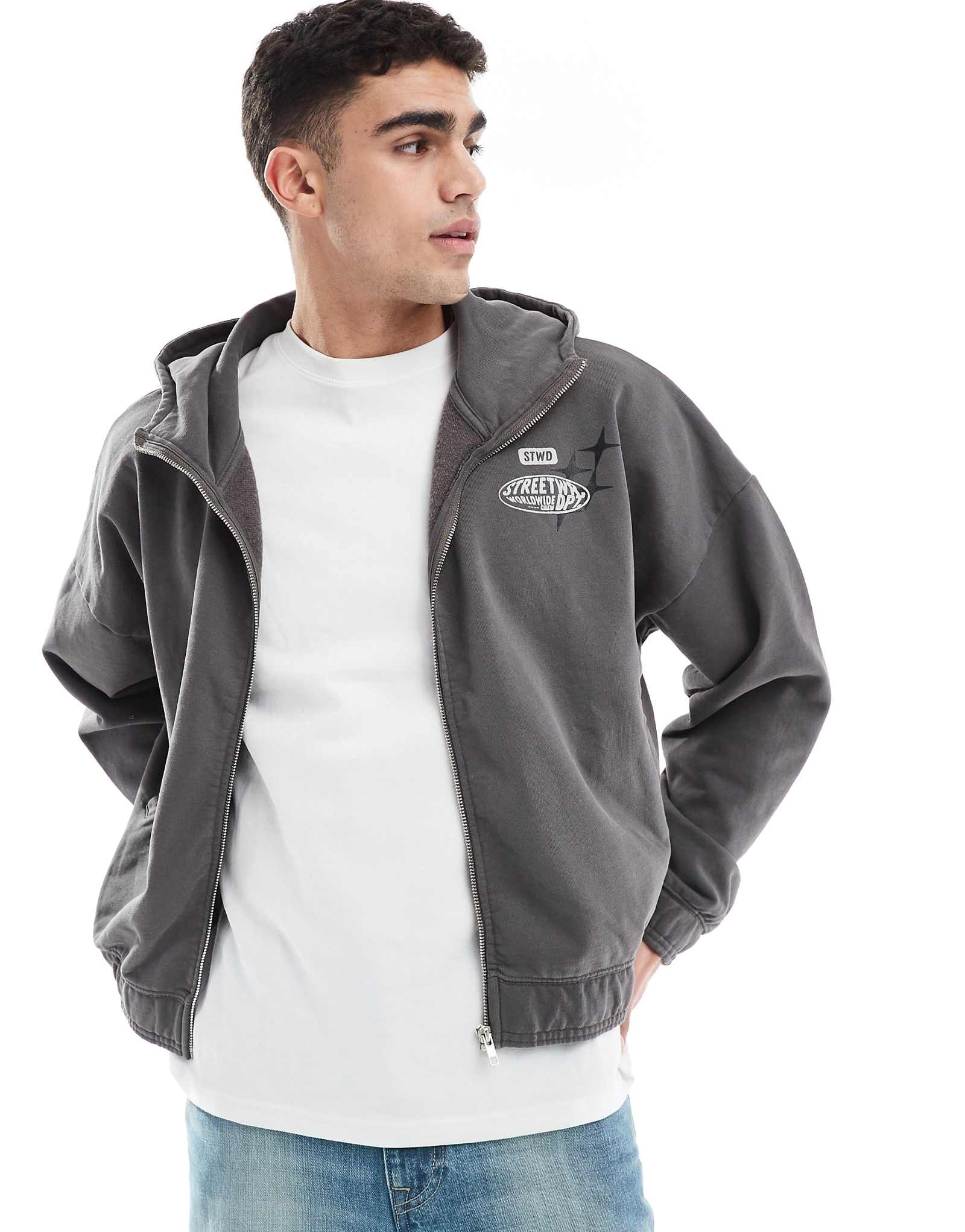 Толстовка с капюшоном STWD на молнии Pull-Bear цвета древесного угля 10290₽