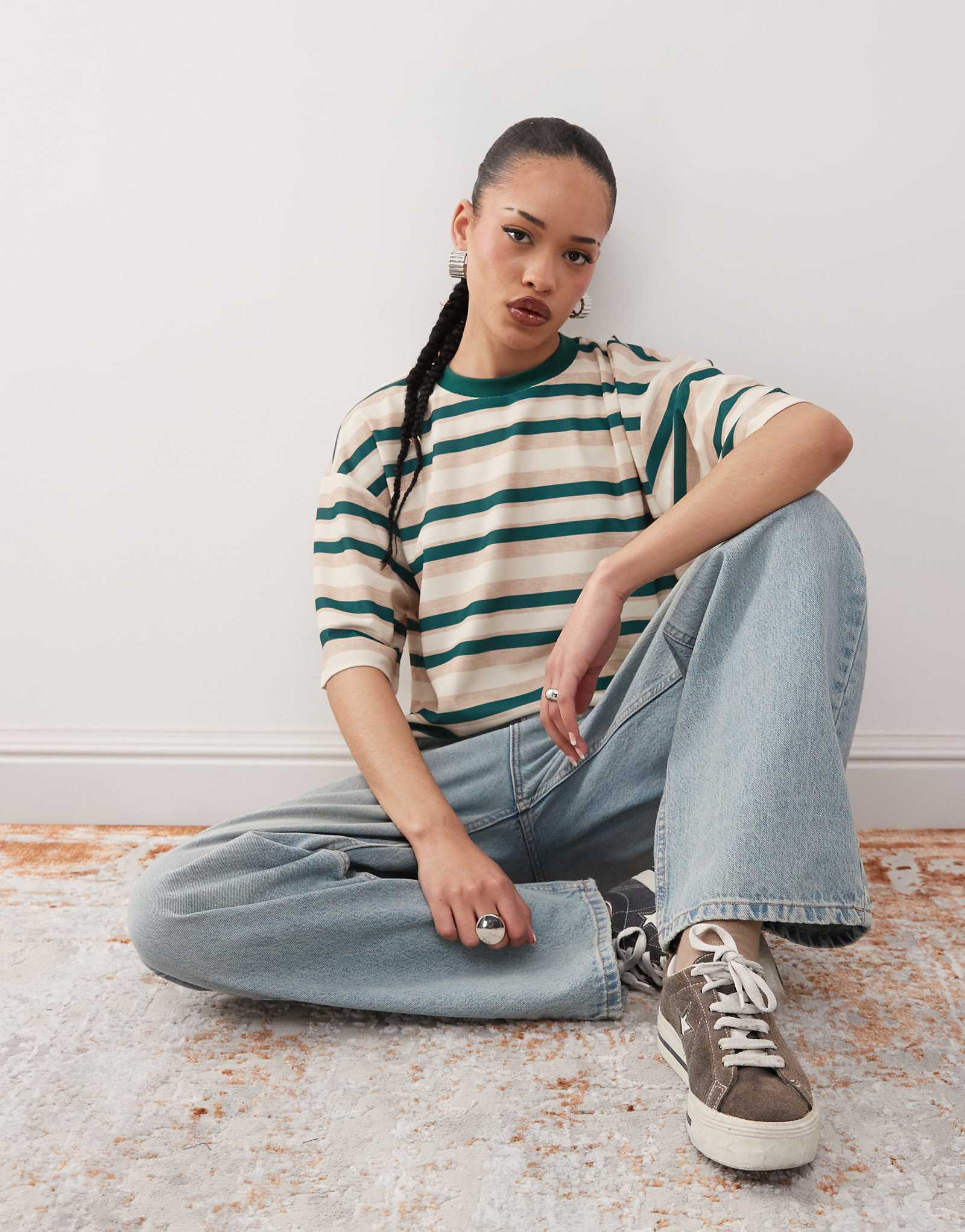 Футболка Lioness oversize с коротким рукавом и разрезом по бокам в зеленую полоску