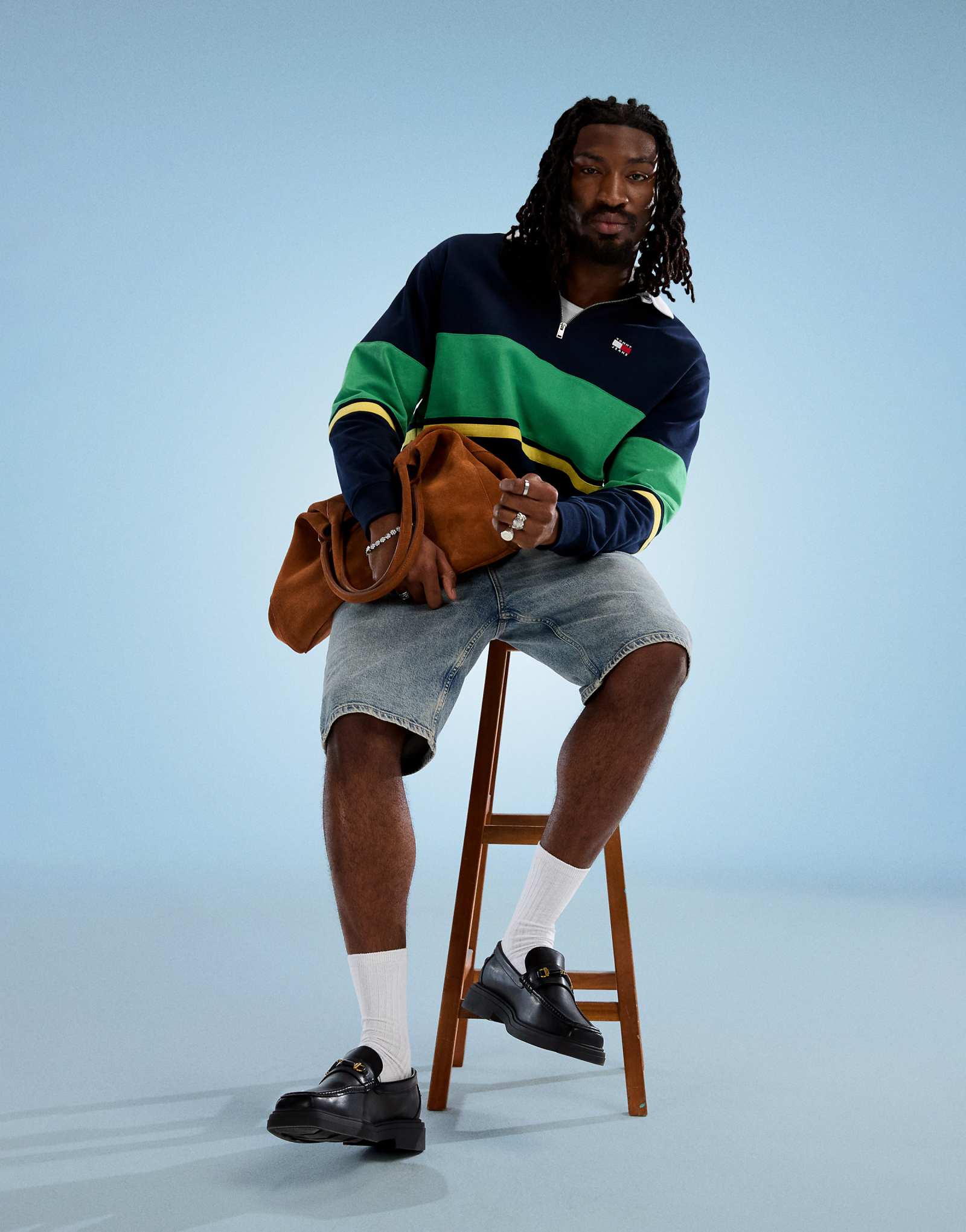 Темно-синий и зеленый регбийный топ Tommy Jeans на молнии из цветного блока 21290₽