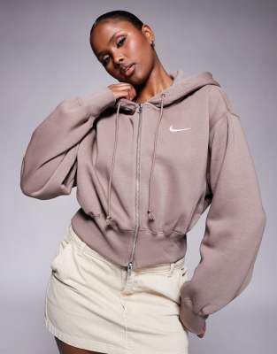 Nike Phoenix Fleece cropped full zip hoodie in brown