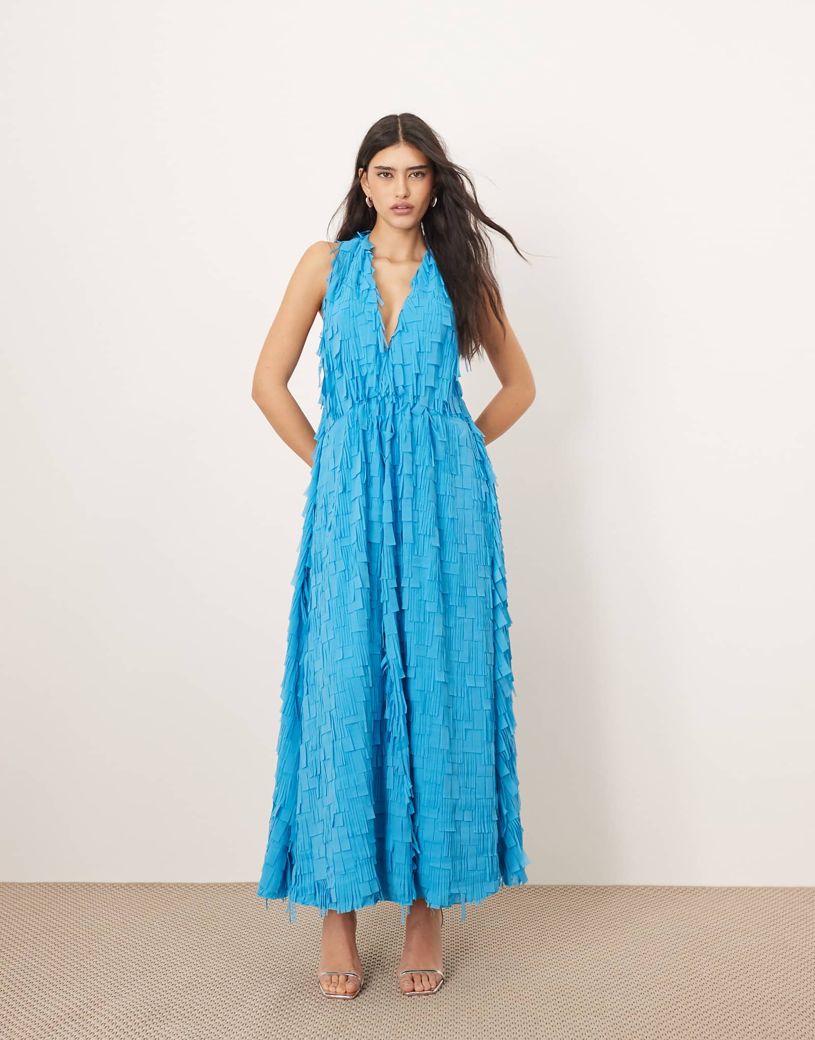 ARRANGE textured laser-cut halterneck trapeze maxi dress in blue