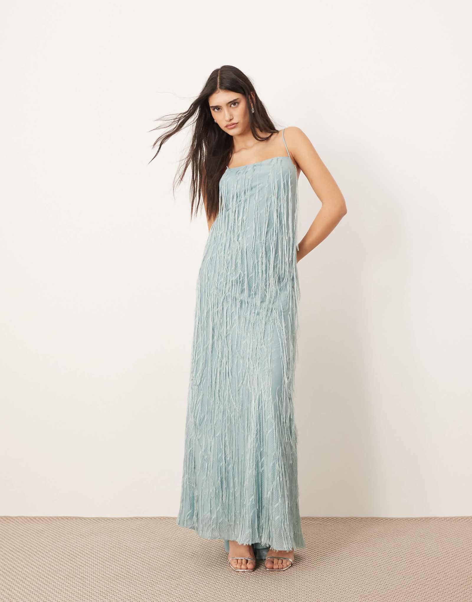 ARRANGE satin fringe bias maxi dress in light blue 17390₽