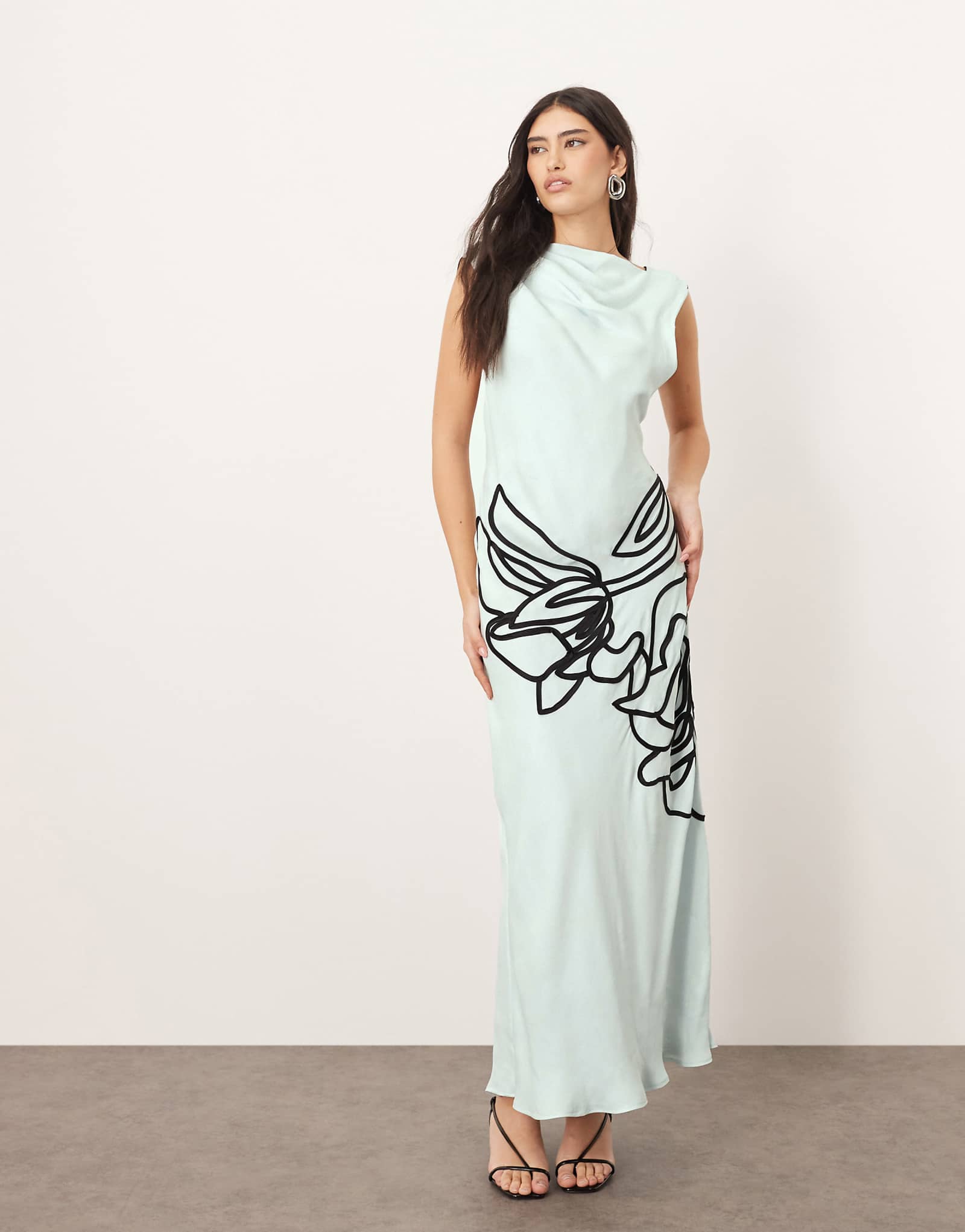 ARRANGE linear floral asymmetric column maxi dress in light blue 17090₽