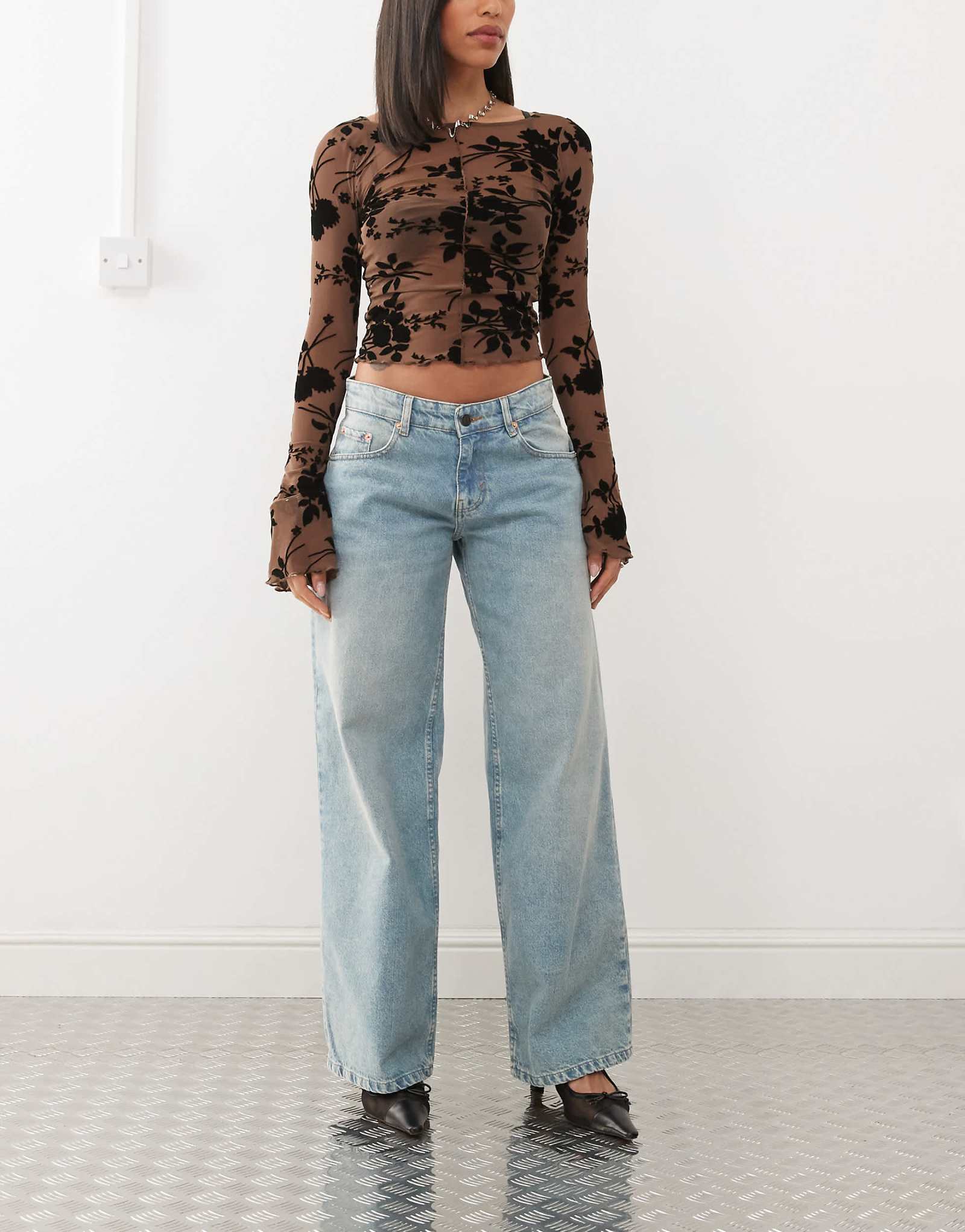 Motel roomy extra wide low rise jeans in washed blue green 20390₽