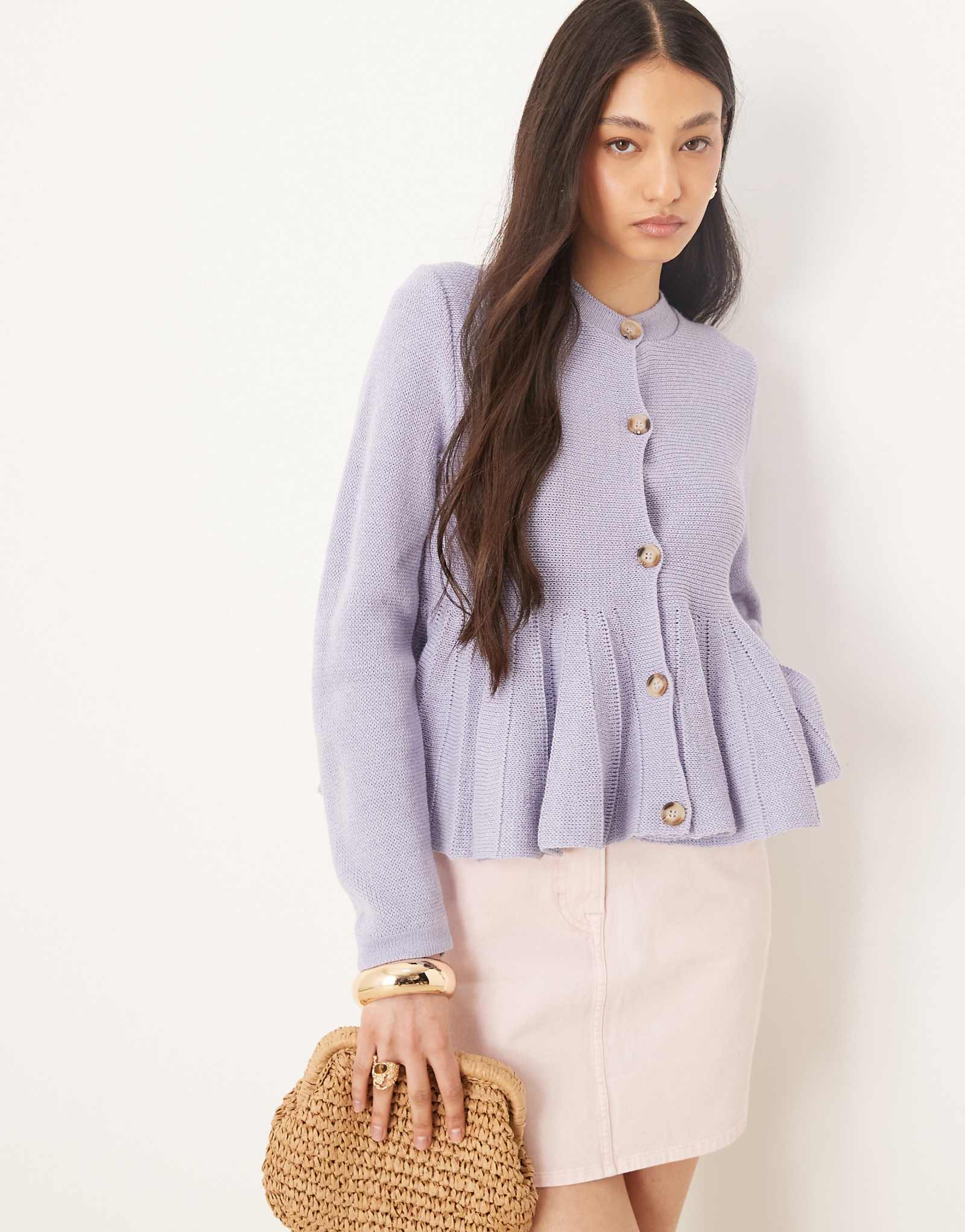 ASOS DESIGN crew neck cardigan with peplum frill hem in blue 7390₽