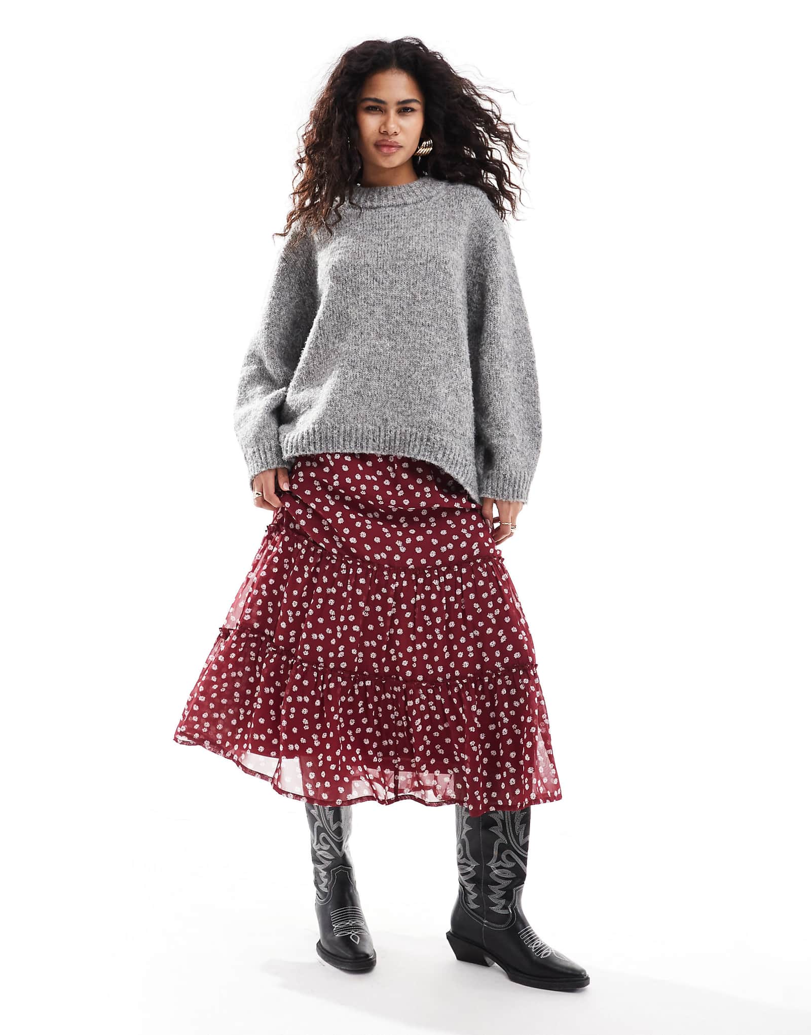 Многоуровневая юбка миди в стиле бохо с цветочным рисунком для девочек в среду темно-красного цвета 5990₽