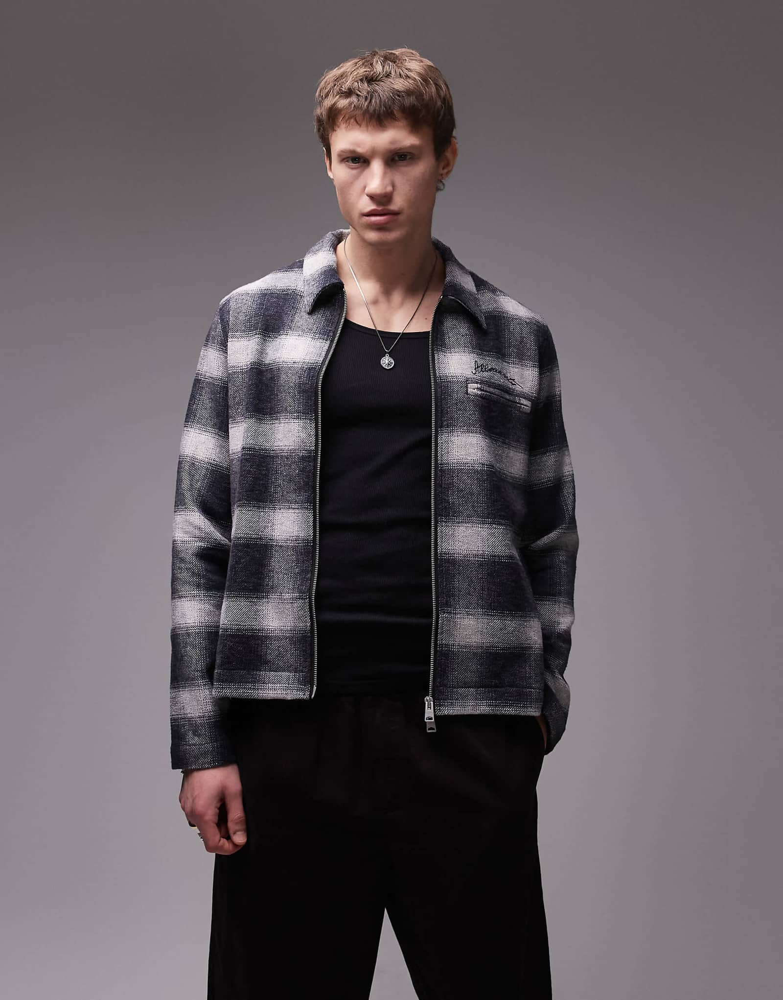 Клетчатая куртка AllSaints Ellis на молнии сзади белого цвета 50790₽