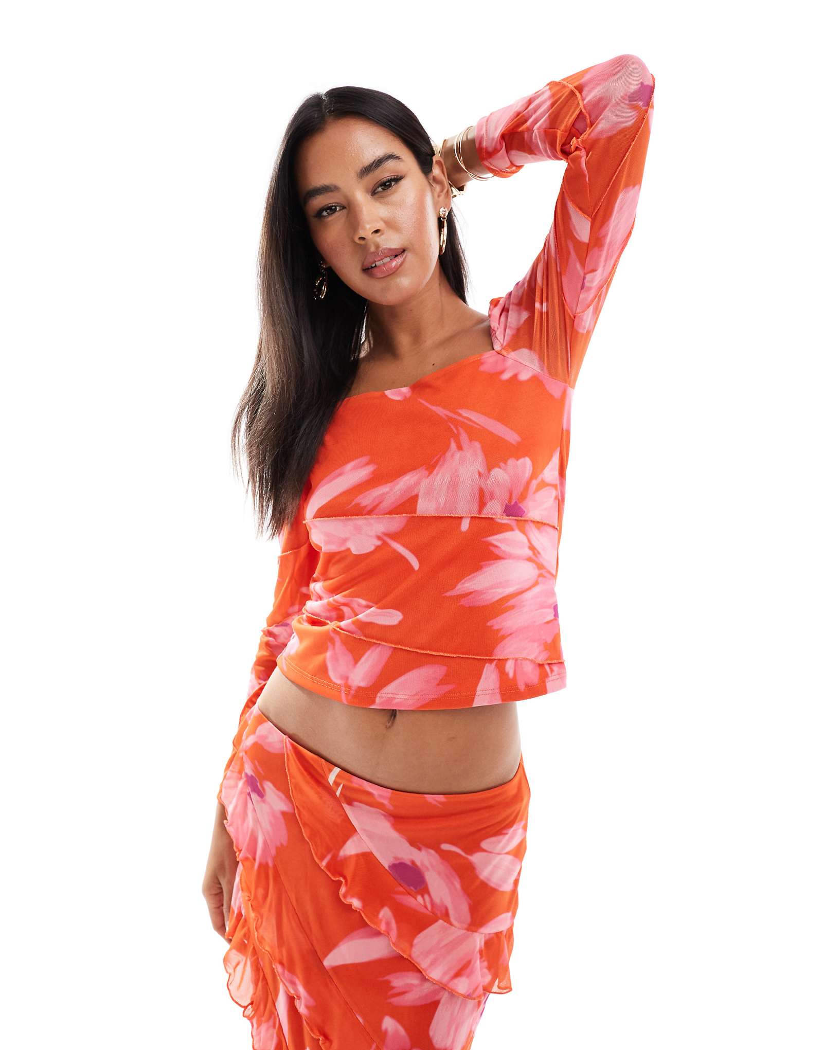 Сетчатый топ с квадратным вырезом Vero Moda красного цвета в цветочек - часть комплекта 6690₽