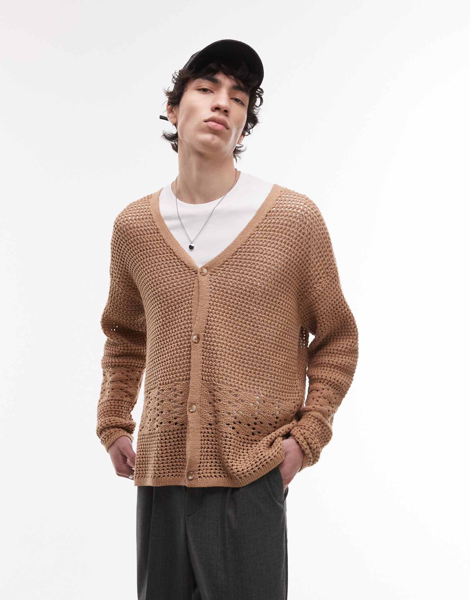 Кардиган Topman связанный крючком с вставками бежевого цвета 3790₽