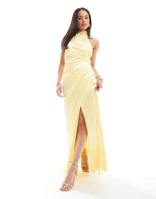 Атласное макси-платье TFNC Bridesmaid с высоким вырезом и бантом сзади лимонного цвета