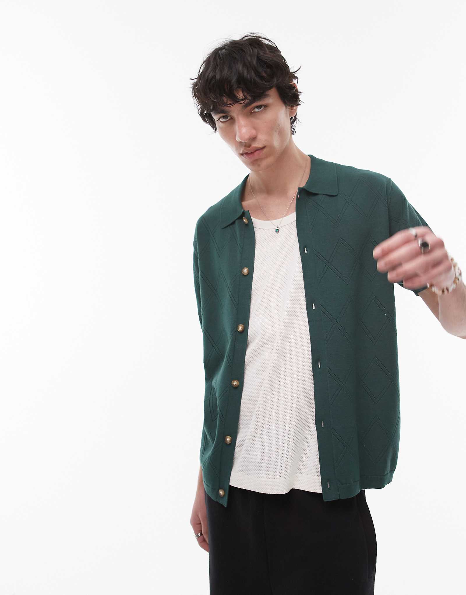 Рубашка с рисунком Topman вязаная крючком зеленого цвета 4690₽