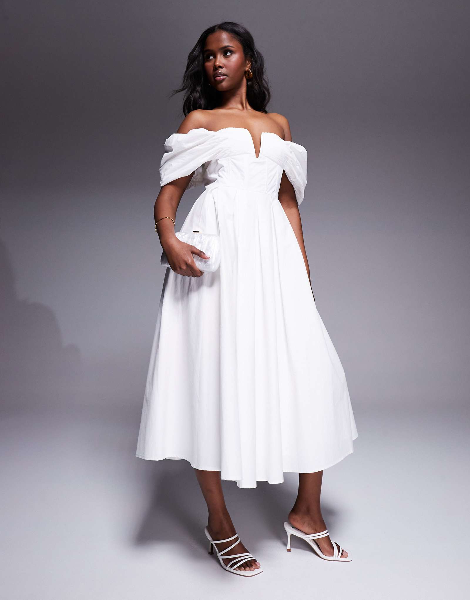 Миди-платье из хлопчатобумажного поплина bardot от Lulu цвета слоновой кости