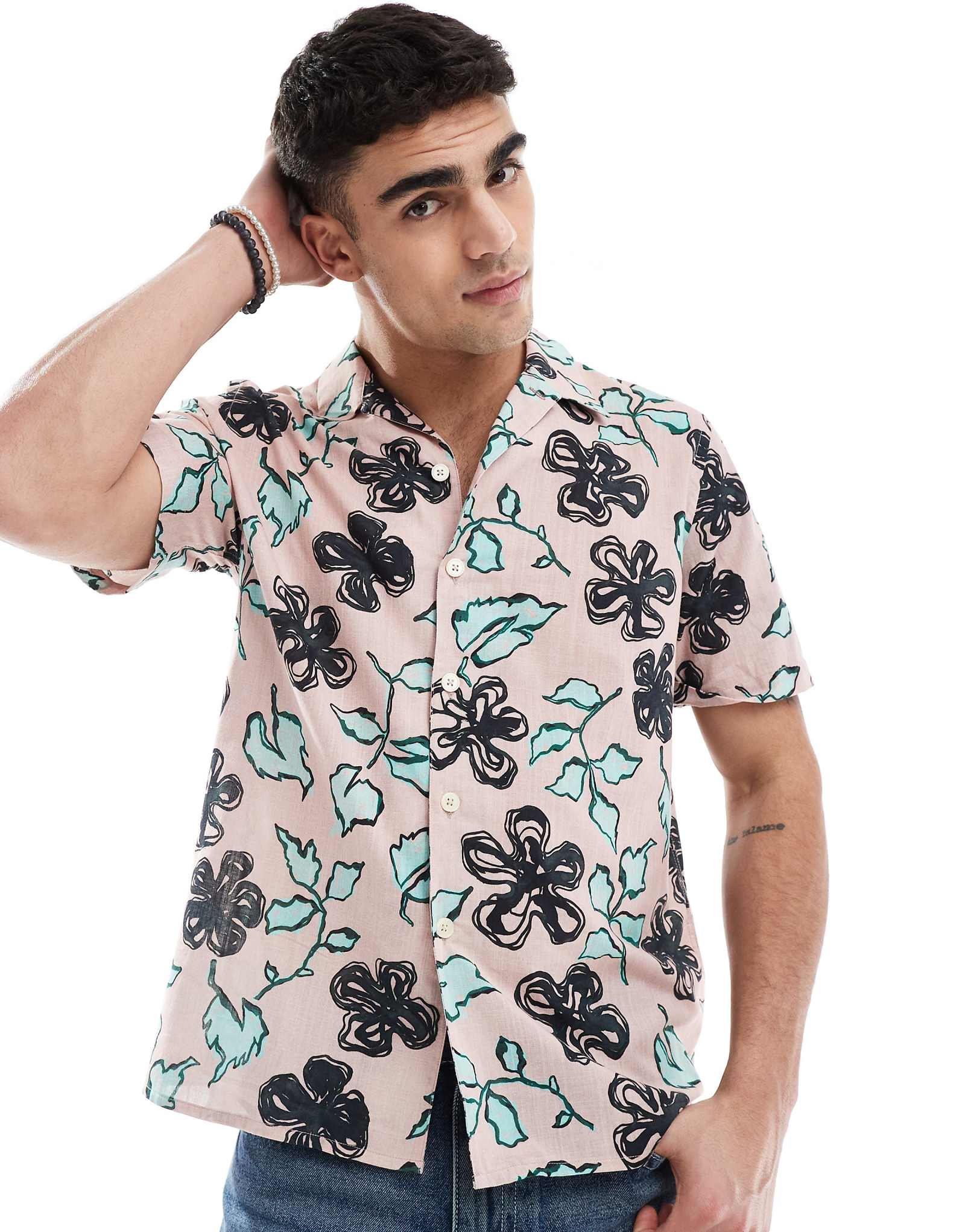 Повседневная рубашка PS Paul Smith с коротким рукавом и цветочным принтом розового цвета