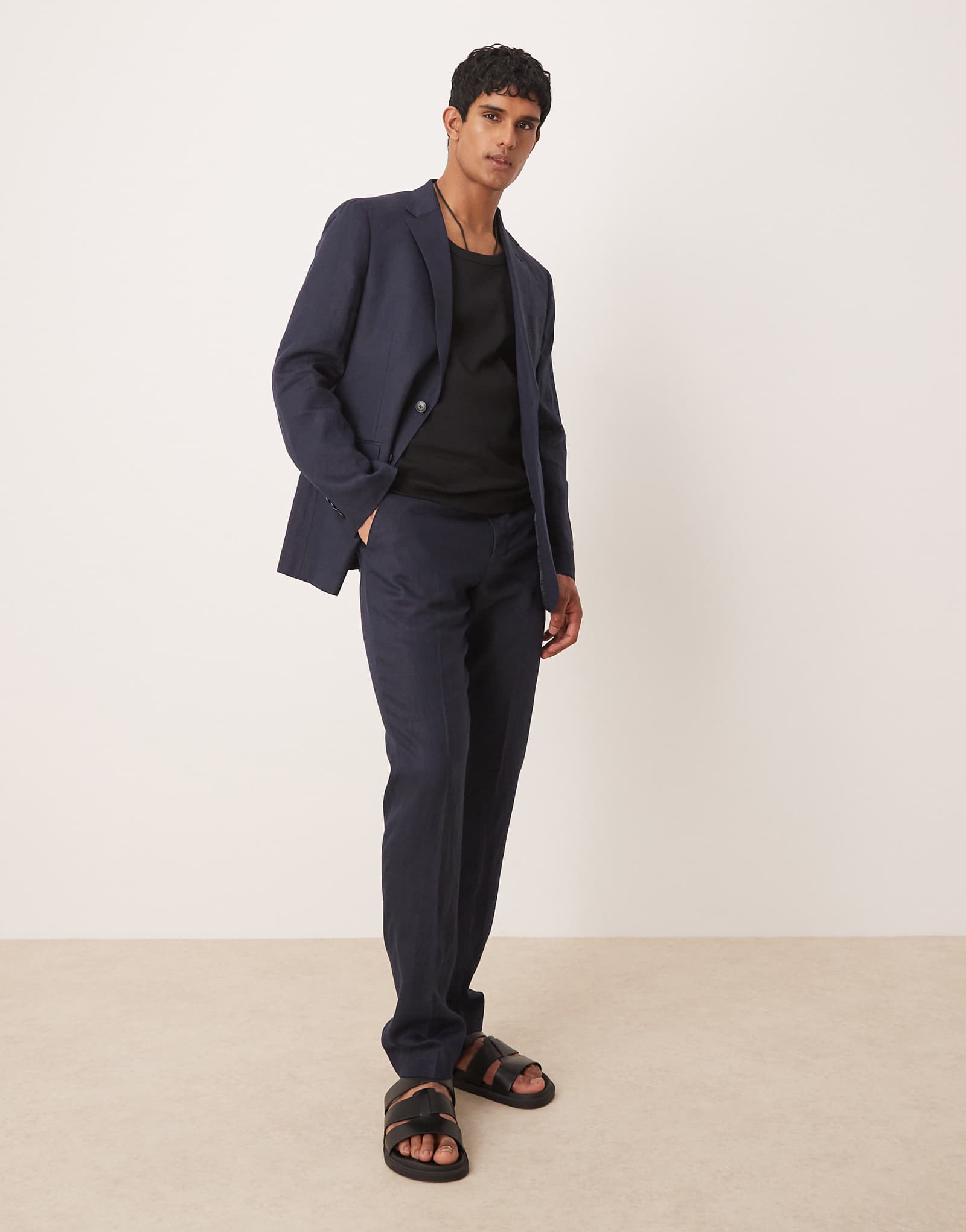 Льняные брюки из льна Mango темно-синего цвета сшитые на заказ - часть комплекта 23290₽