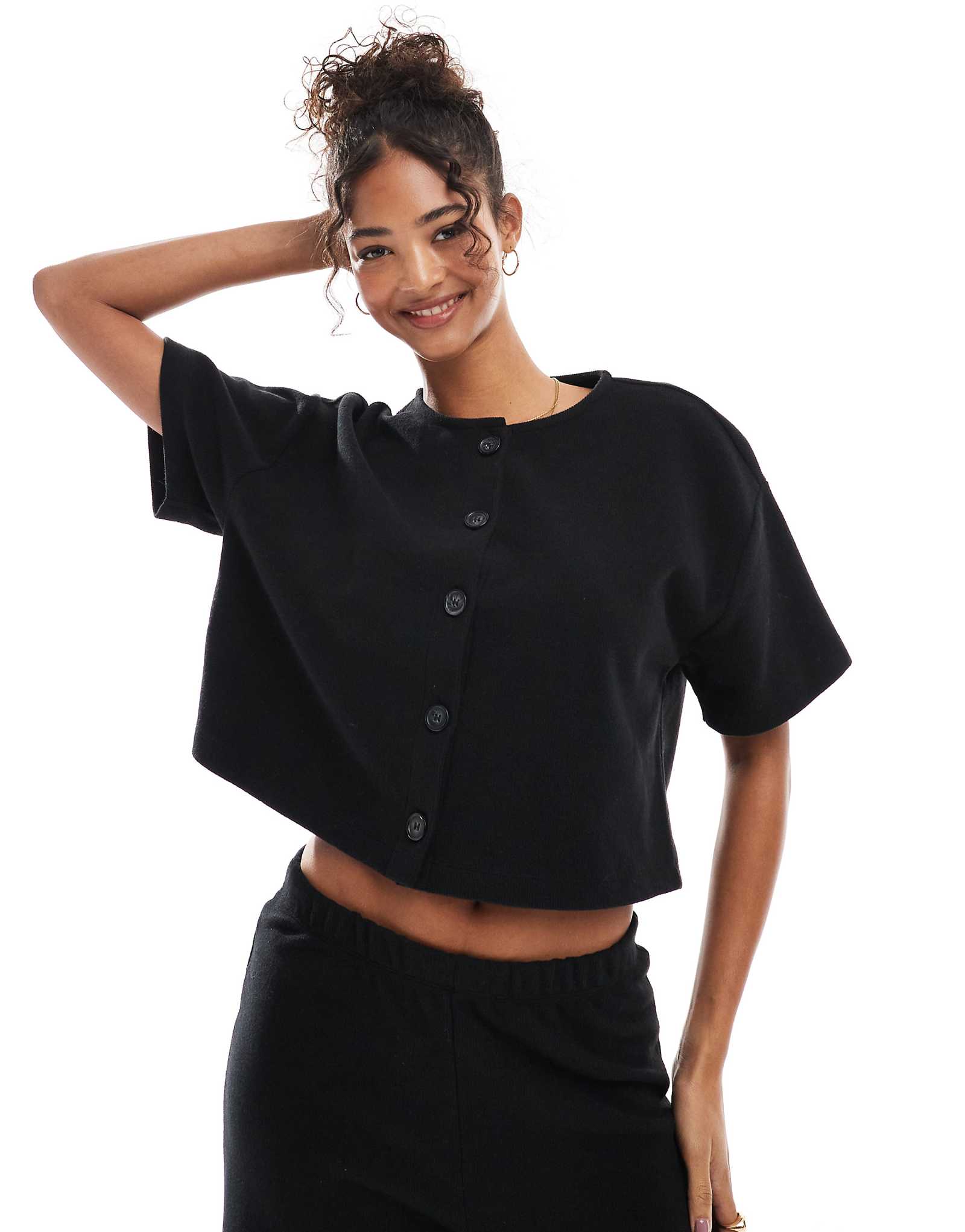 Черный кардиган с коротким рукавом в рубчик из мягкой ткани Miss Selfridge - часть комплекта 8790₽