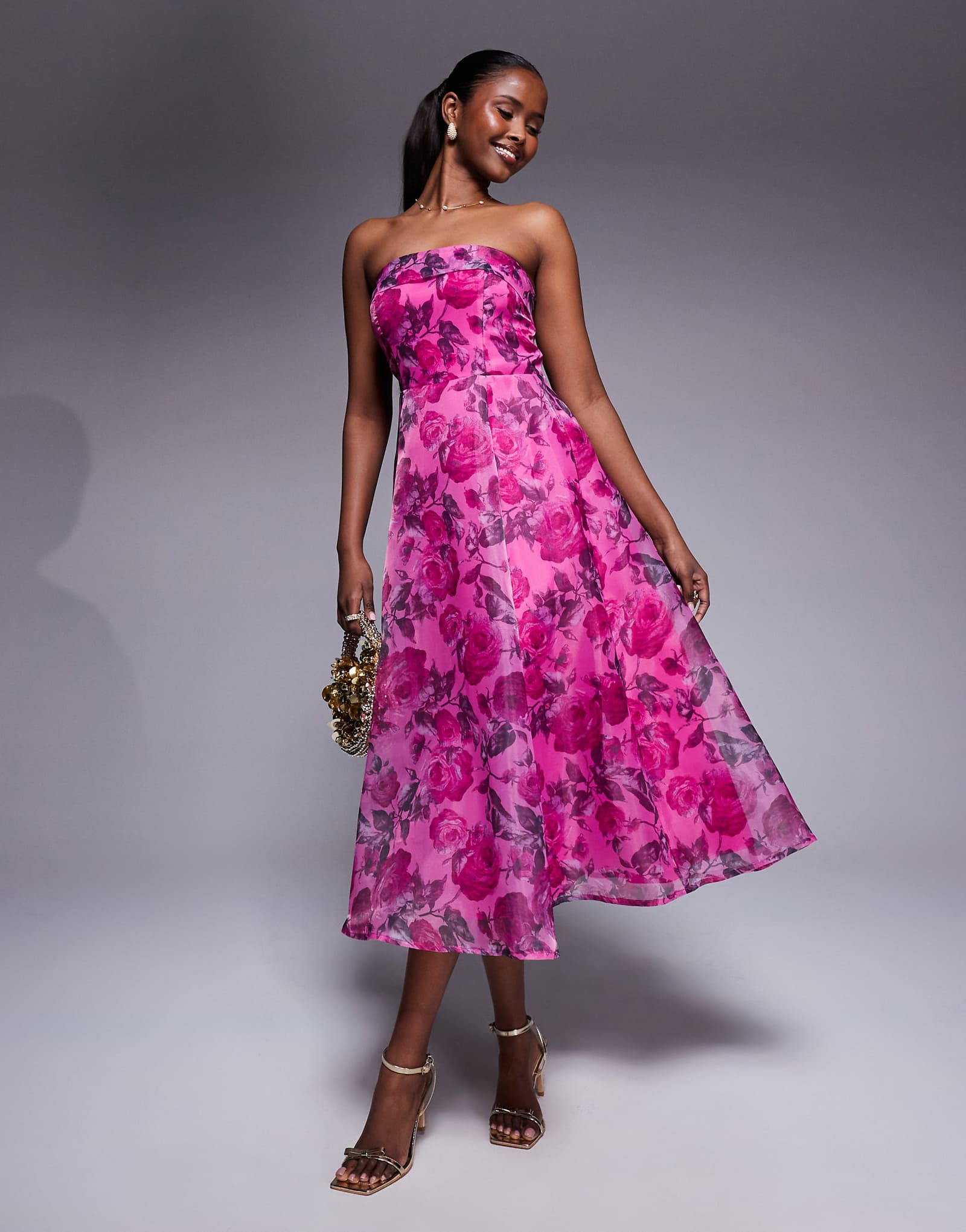 Платье миди из органзы без бретелек Lulus розового цвета с цветочным рисунком