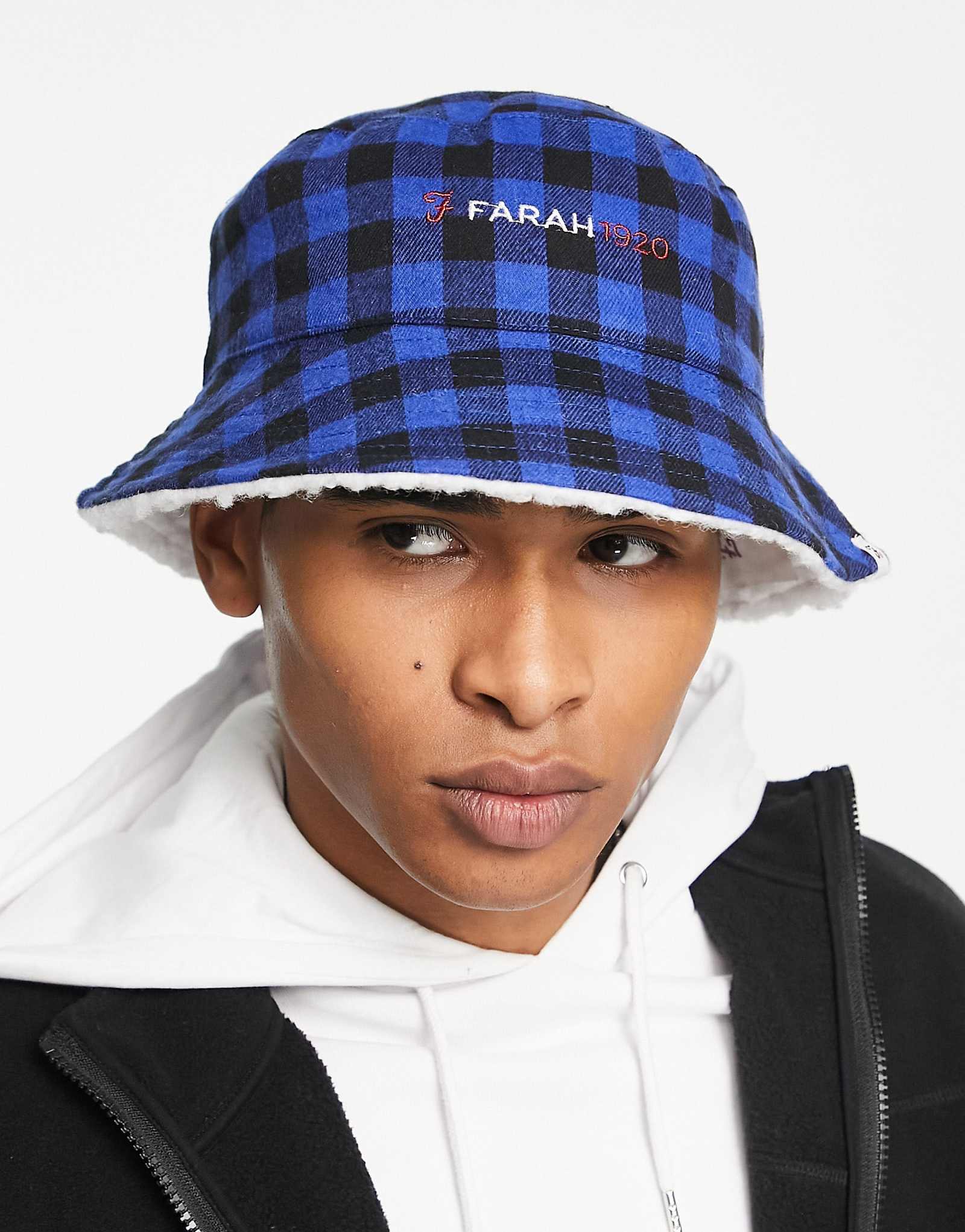 Клетчатая шляпа-панама с логотипом Farah синего цвета