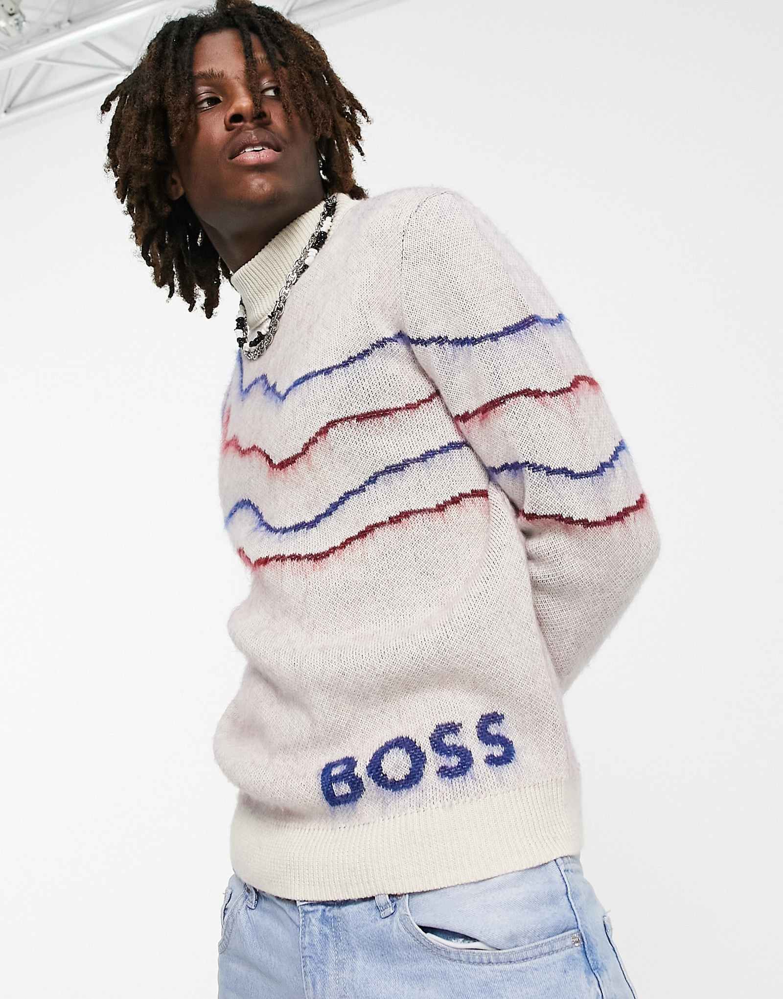 Открытый белый свитер с логотипом BOSS Orange Kamonte в полоску 48390₽