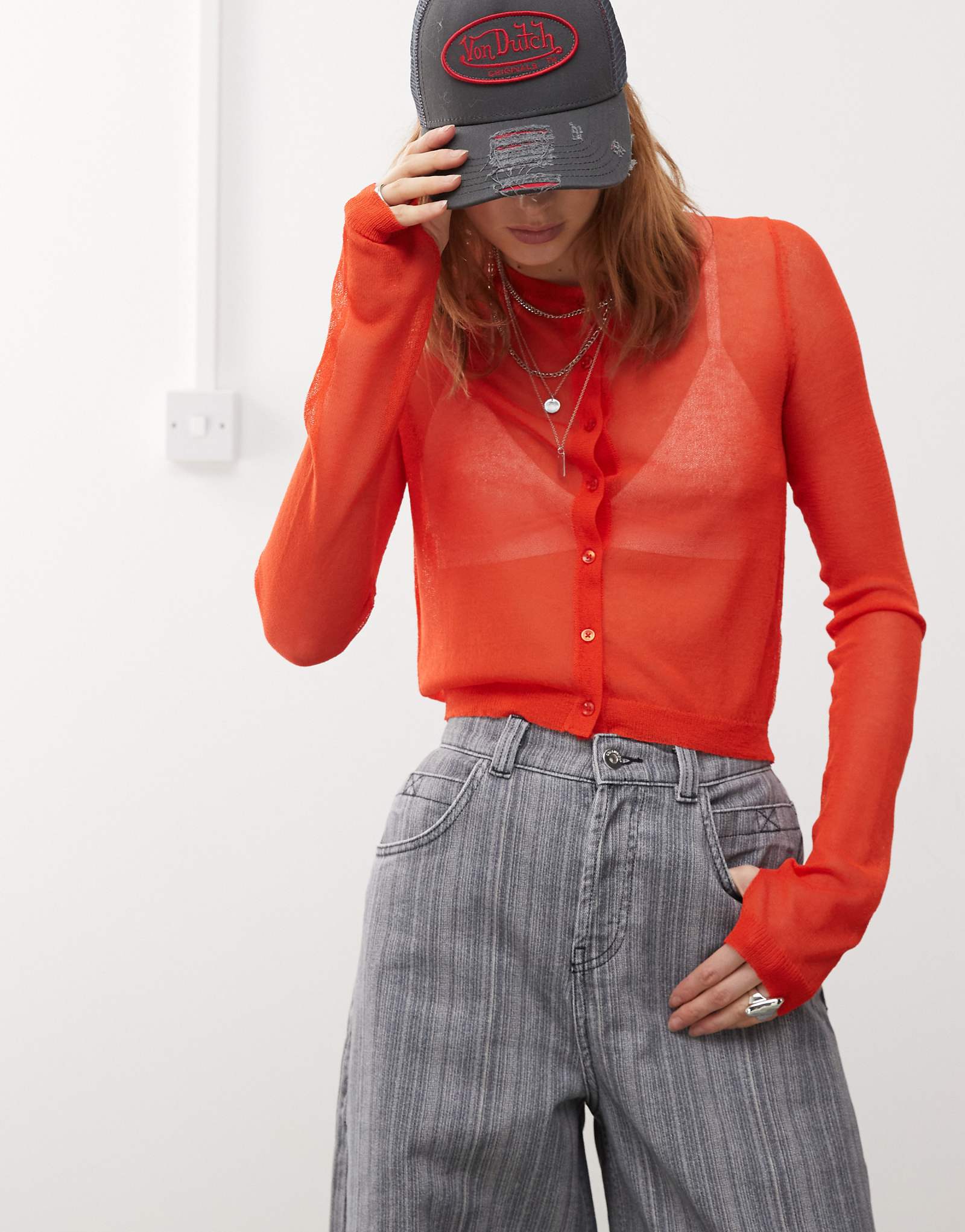 Кардиган из прозрачного трикотажа COLLUSION красного цвета 9190₽