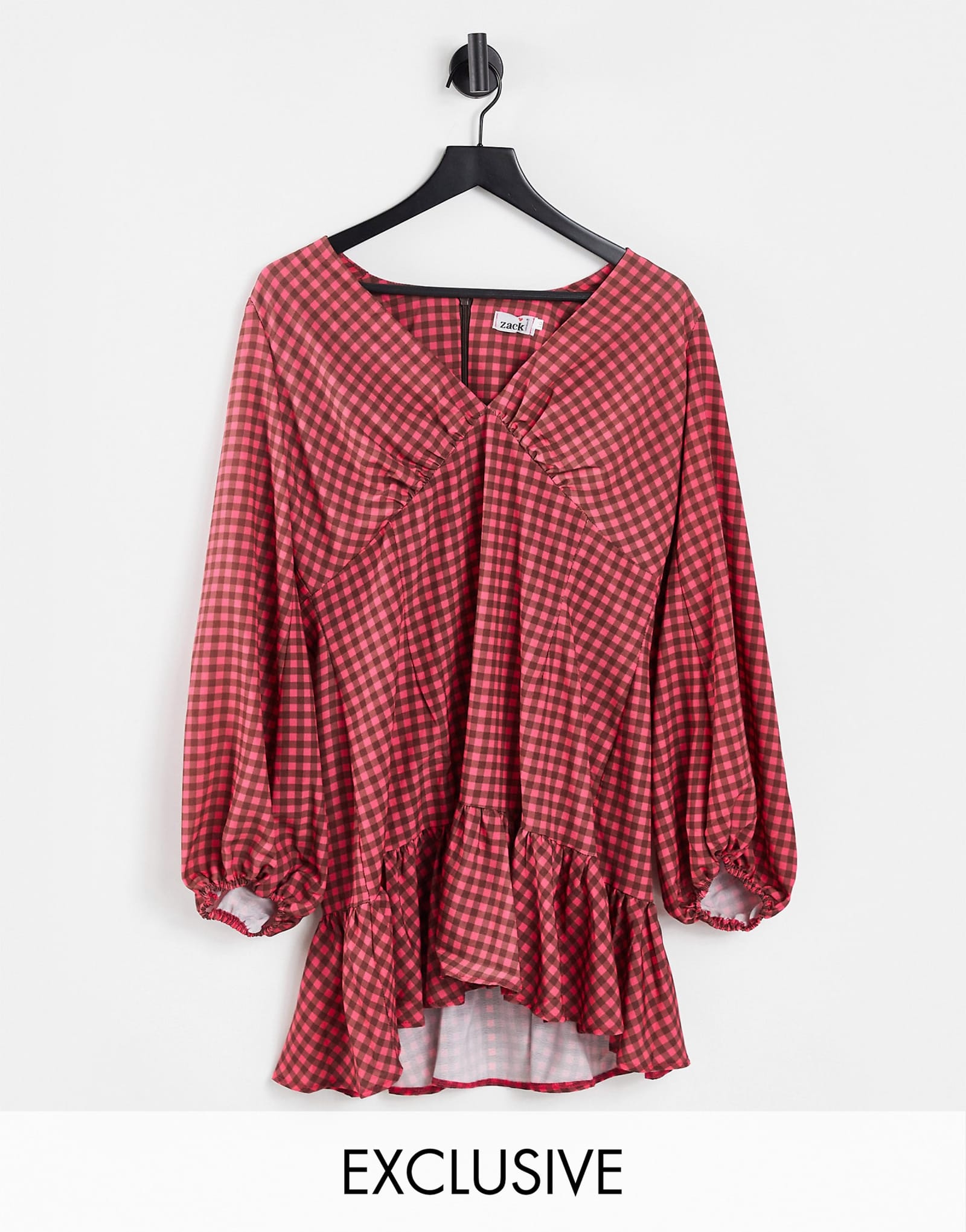 Эксклюзивное мини-платье John Zack с объемными рукавами и оборками в серо-серую клетку