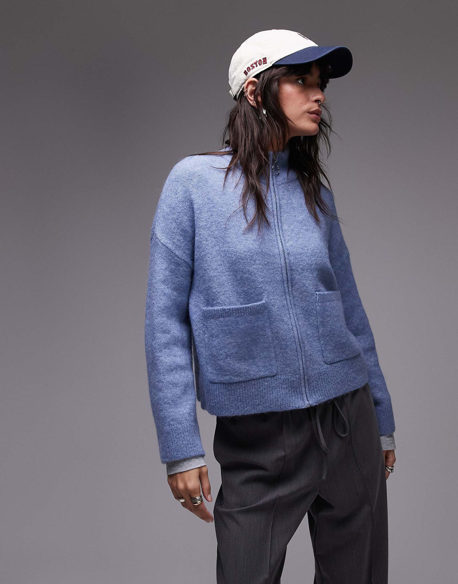 Пушистый кардиган Selected Femme из смеси альпаки на молнии с карманами синего цвета