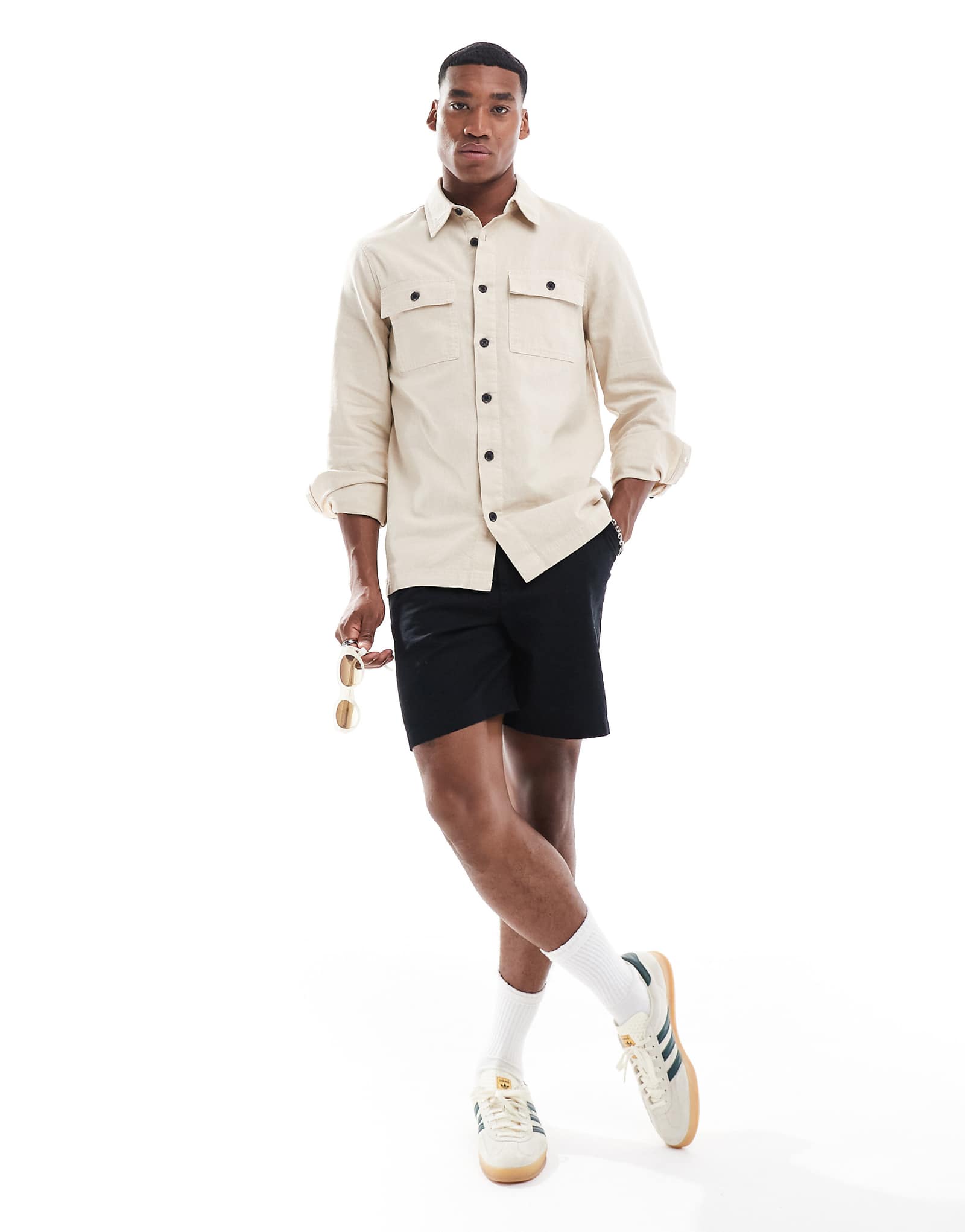 Поношенная льняная рубашка-слуб с длинными рукавами и множеством карманов из камня 6690₽